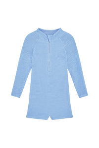 Front flat lay of Hilo One Piece Kids in Sky Crinkle showing long sleeves and center front zipper on white background