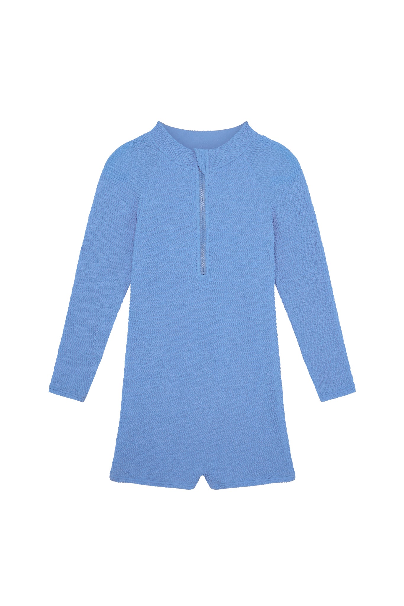 Children's light-blue textured long-sleeve zip-front romper with short legs