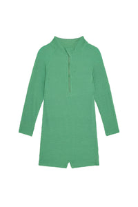 Front view of Hilo kids one-piece swimsuit in Pond Crinkle with long sleeves, front zipper, short legs on white background