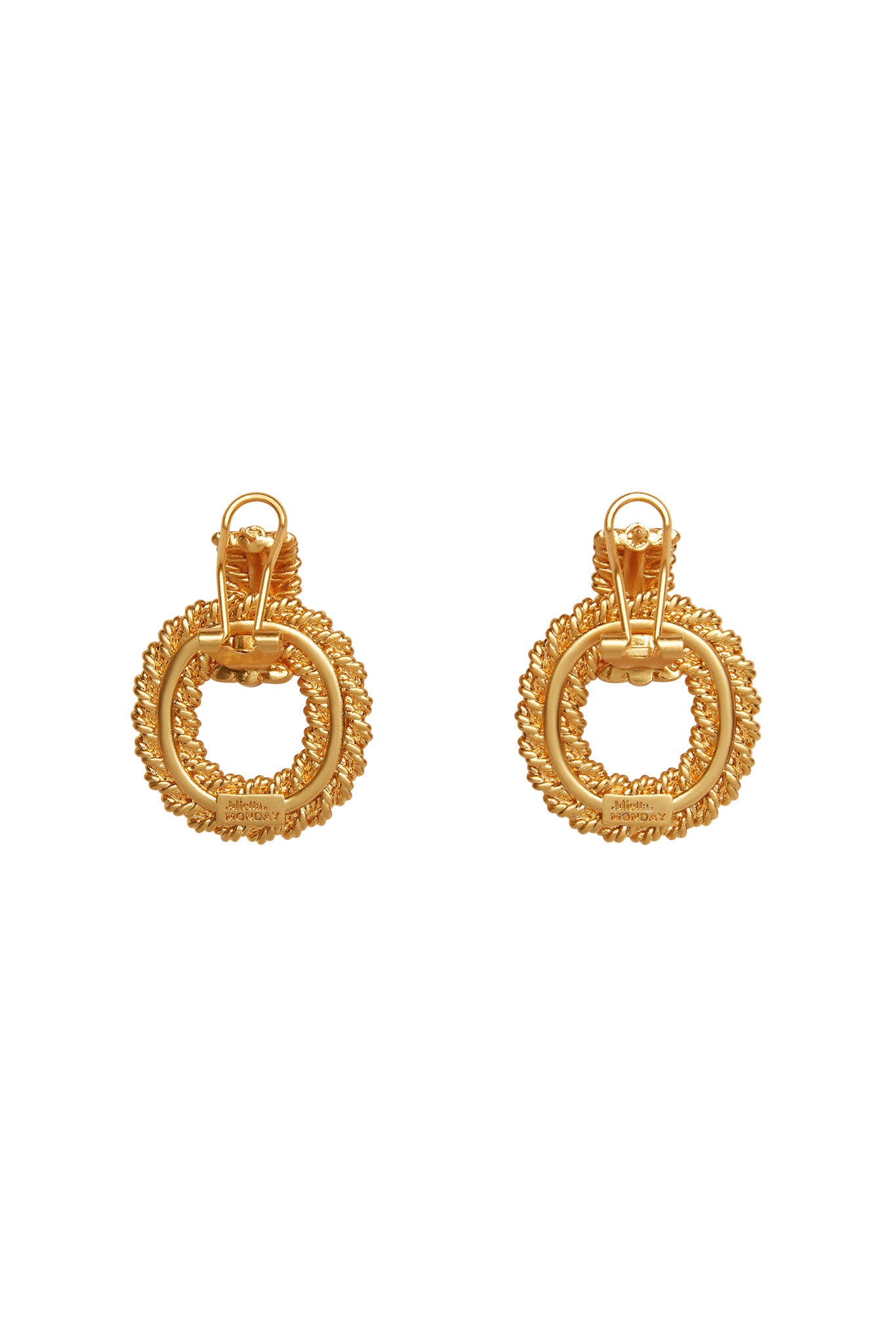 Pair of textured gold hoop drop earrings with braided rope detail and hinged clip backs on white background
