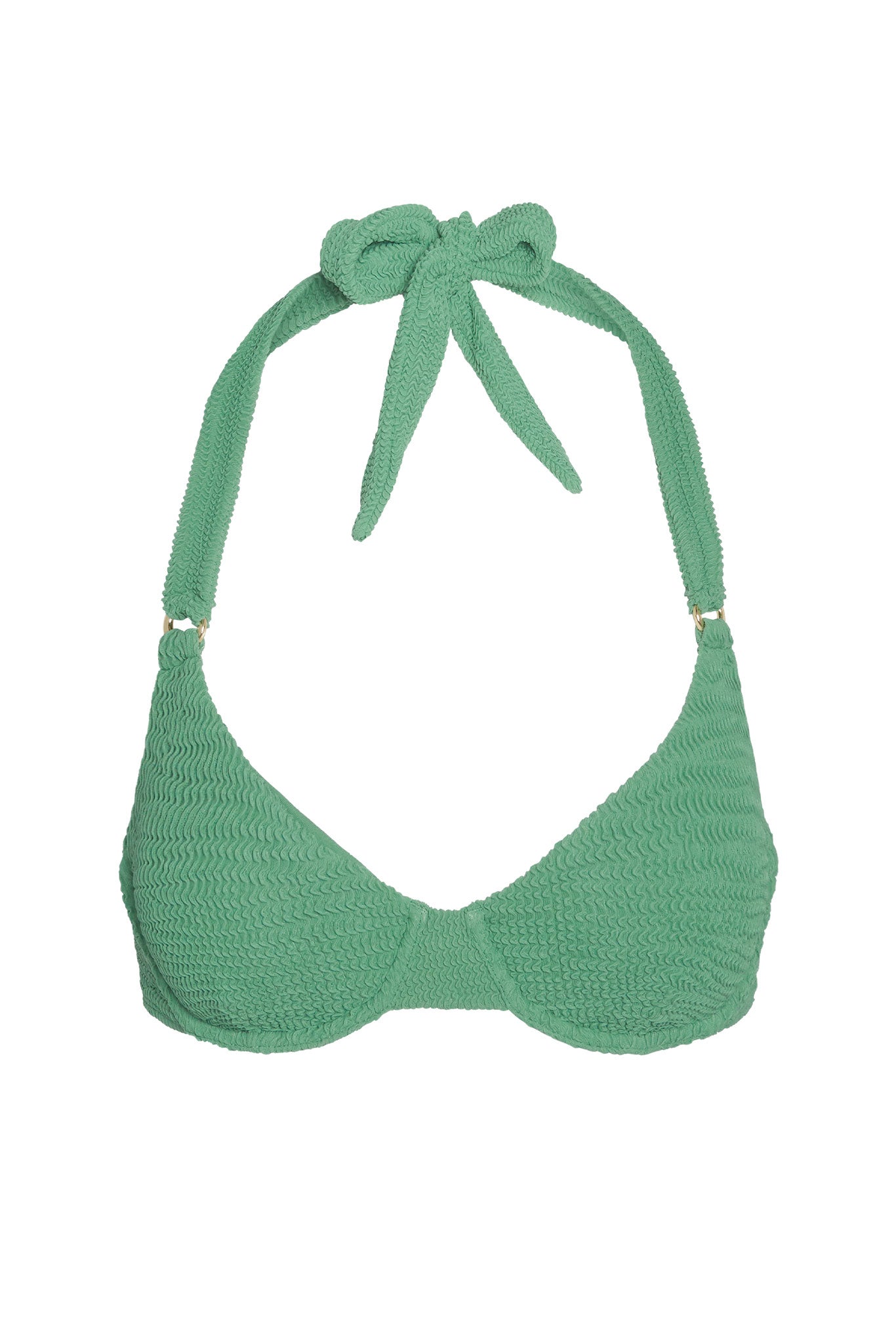 Green textured halter bikini top with knotted tie at neck and molded cups.