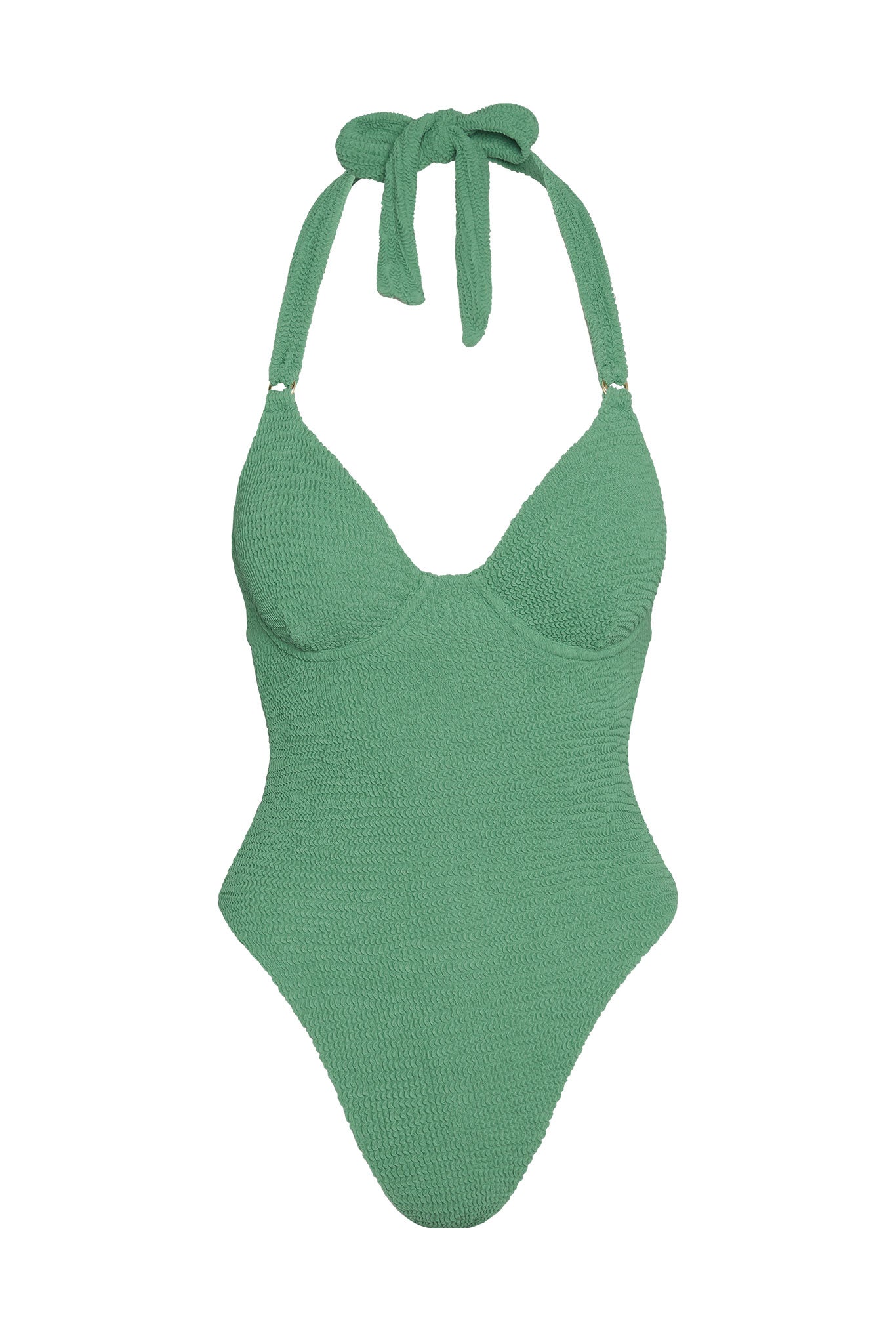 Green textured halter one-piece swimsuit with tied neck straps