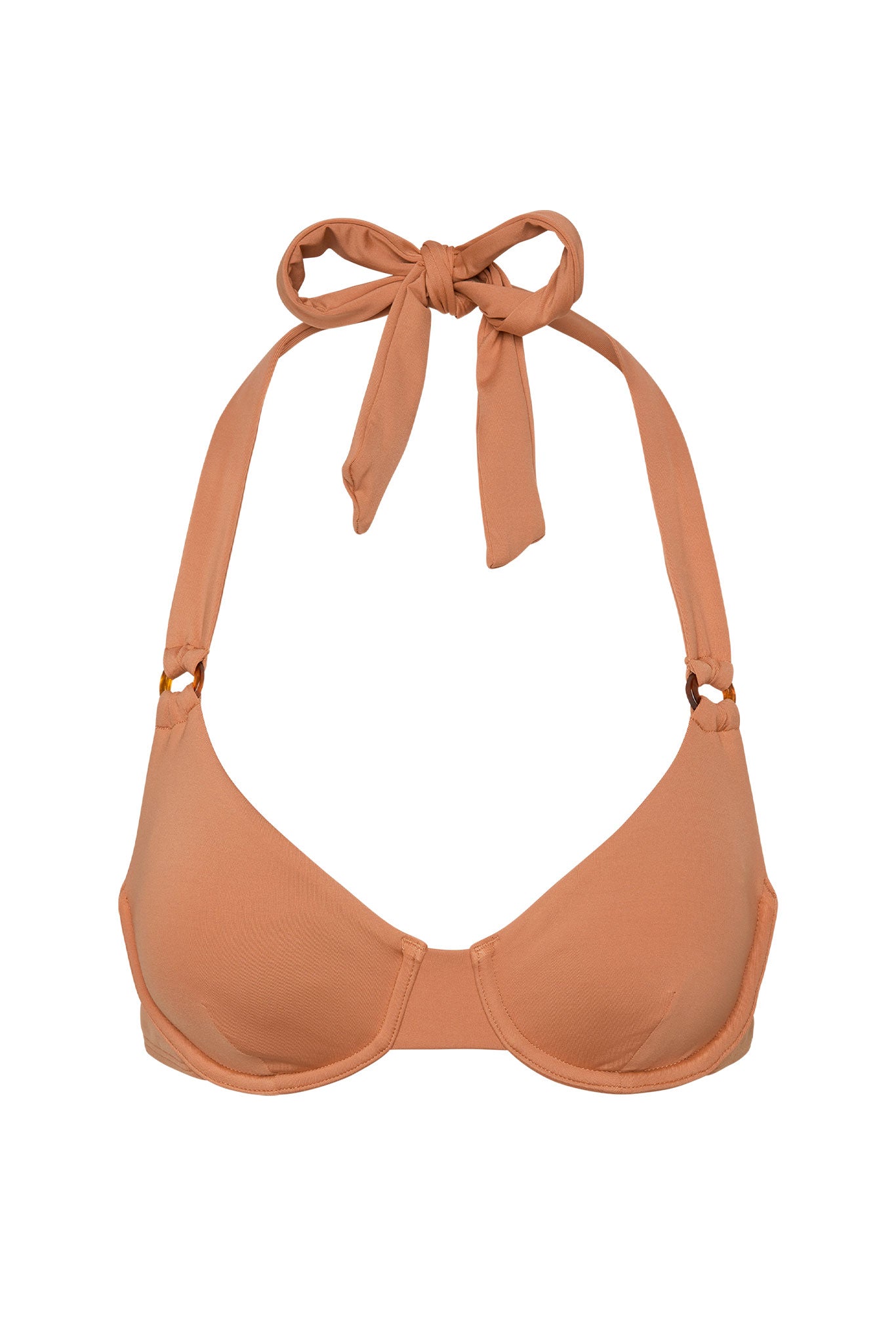 Peach-colored halter bikini top with underwire cups and knotted tie at the neck