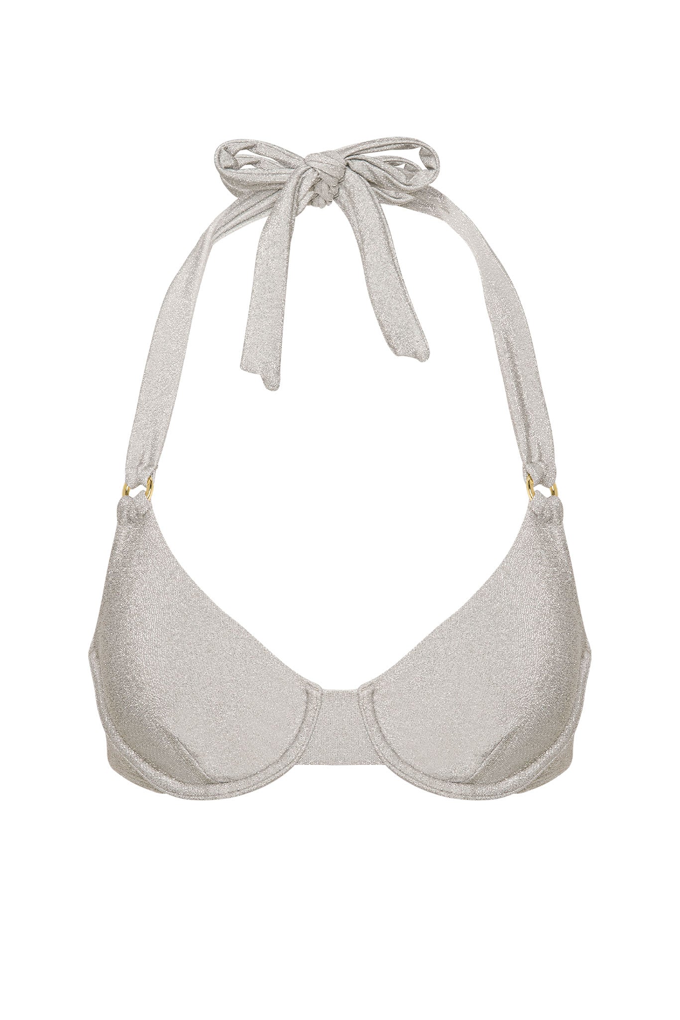 Silver metallic halter bikini top with underwire cups, knotted neck tie and small gold strap rings.