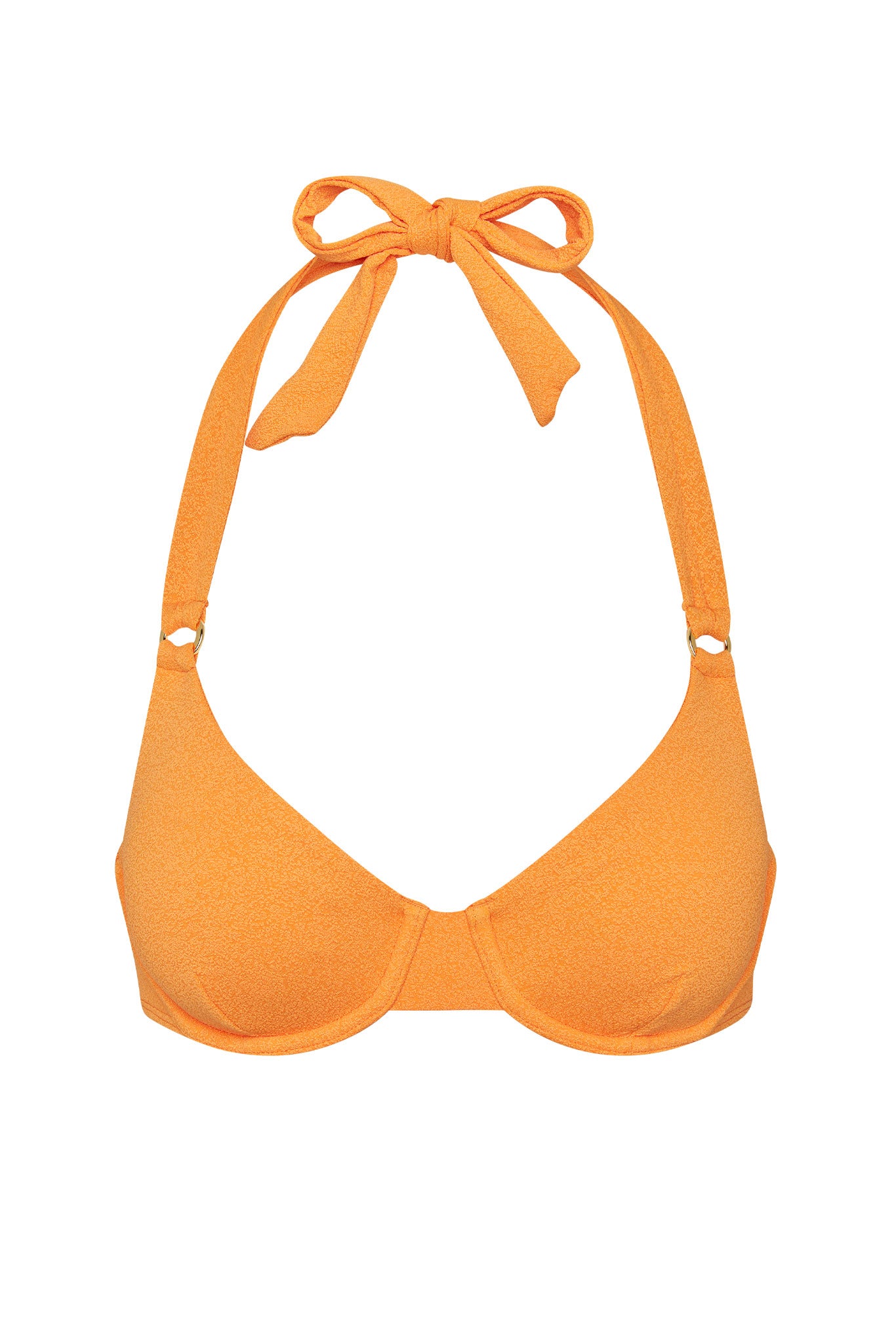 Orange textured halter bikini top with underwire cups and tie bow at the neck.