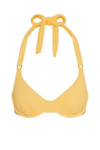 Close-up front of Honolulu Top in Honey Crinkle showcasing crinkle texture, molded underwire cups and halter neck tie on white background