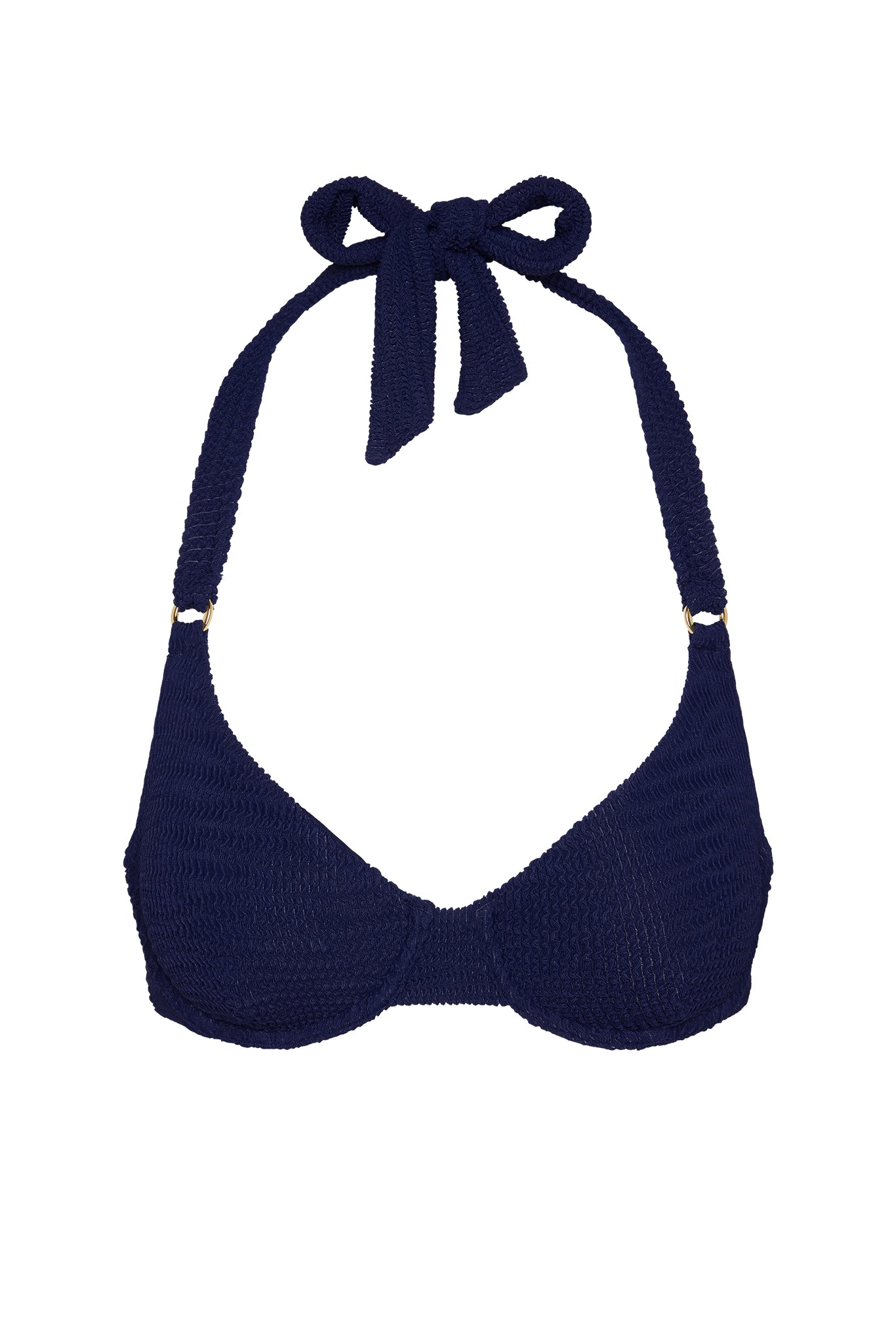 Navy textured halter bikini top with tied bow at neck and gold rings at straps
