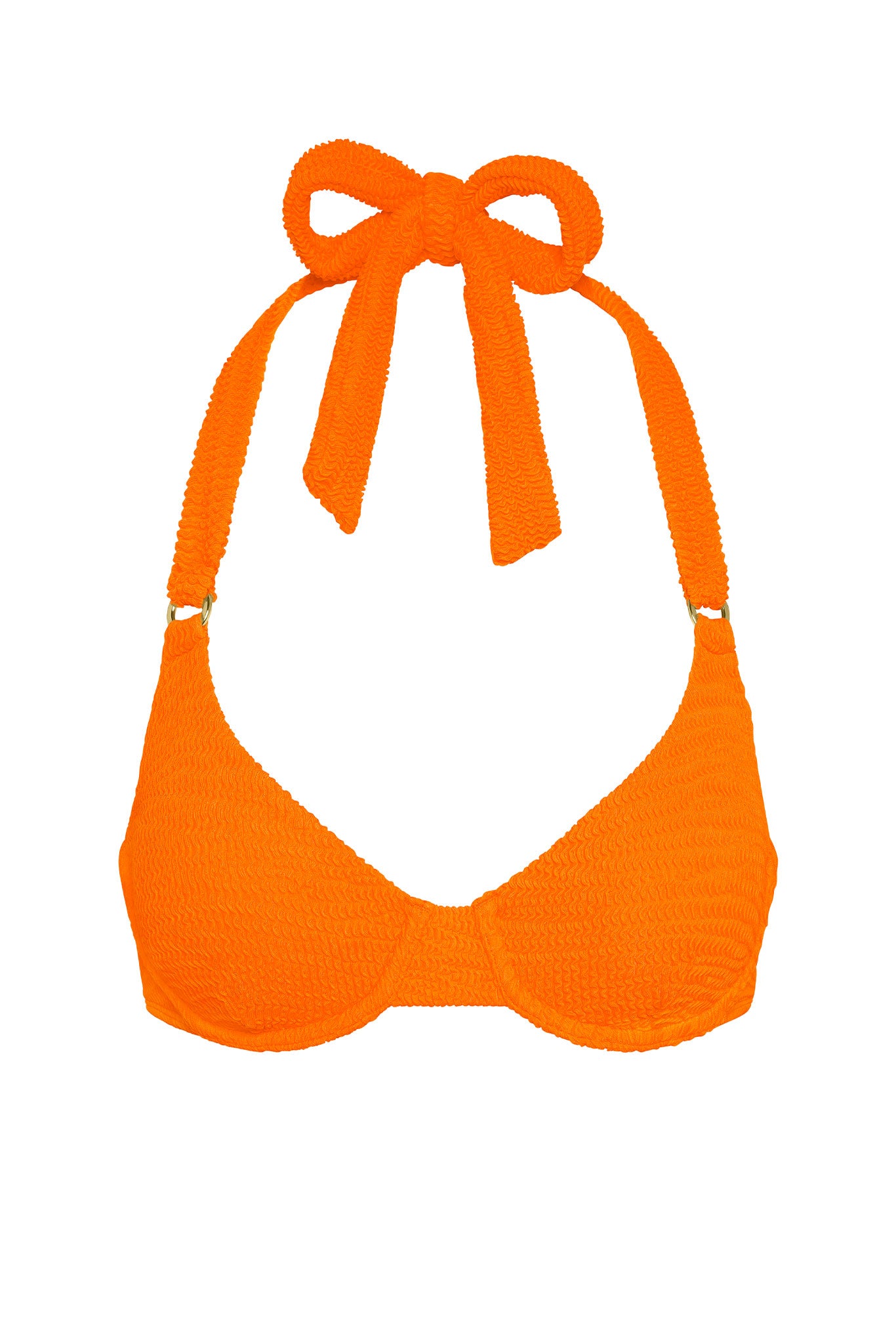 Bright orange textured halter bikini top with tied bow at the neck, gold strap rings, and molded cups.
