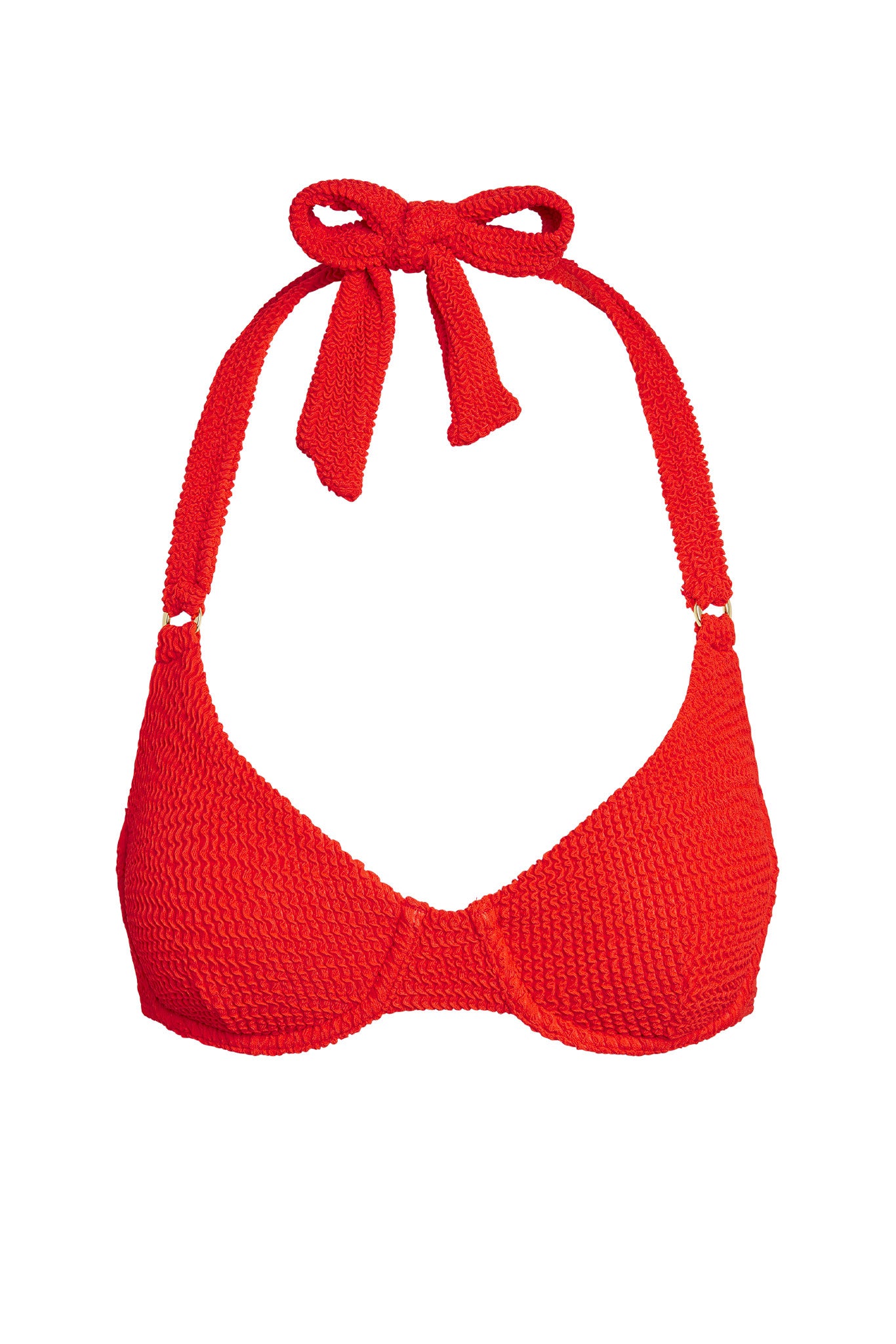 Red textured knit halter bikini top with tied bow at neck
