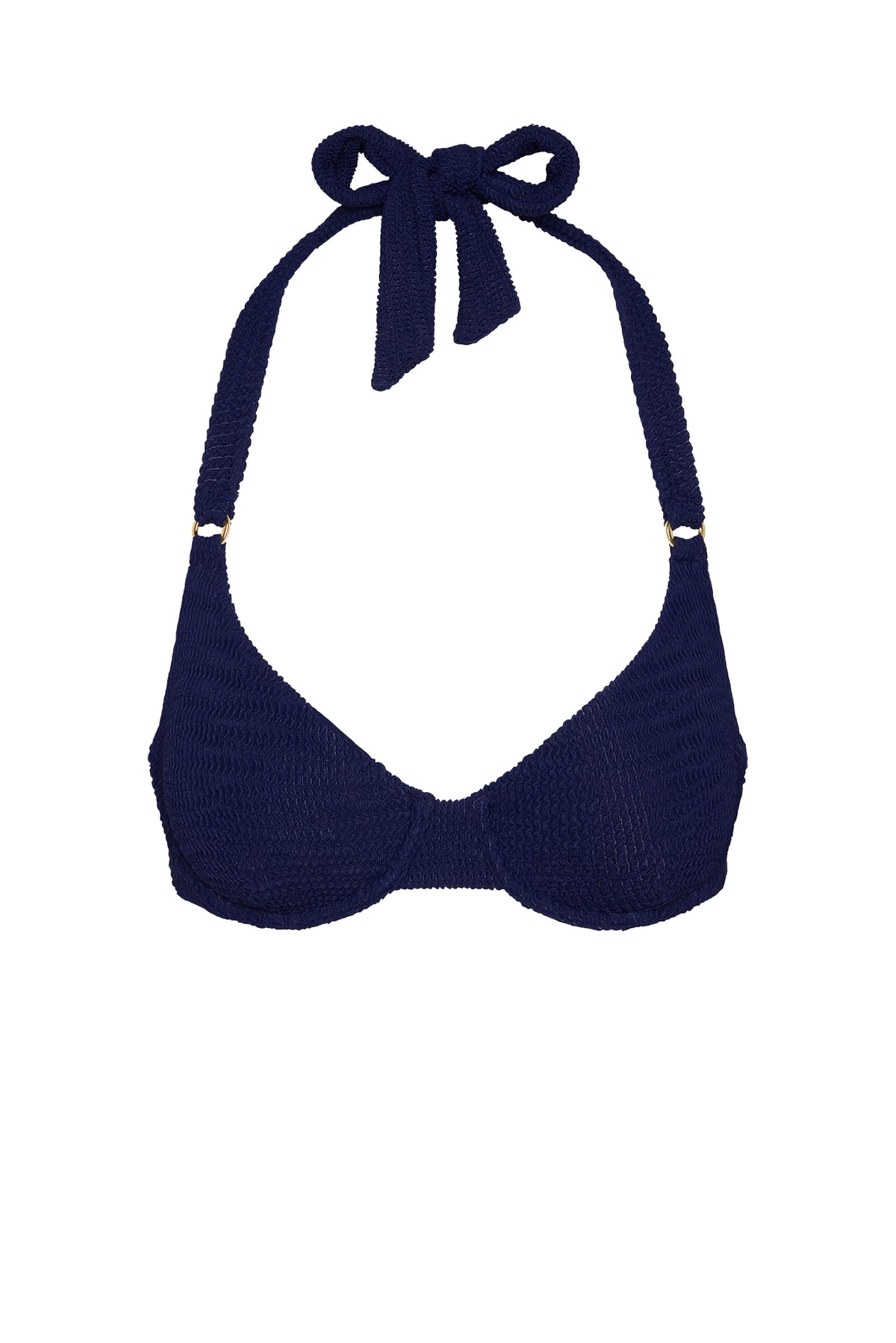 Front view of Honolulu Top in Midnight Crinkle with underwire cups, halter ties, and gold ring detail on white background