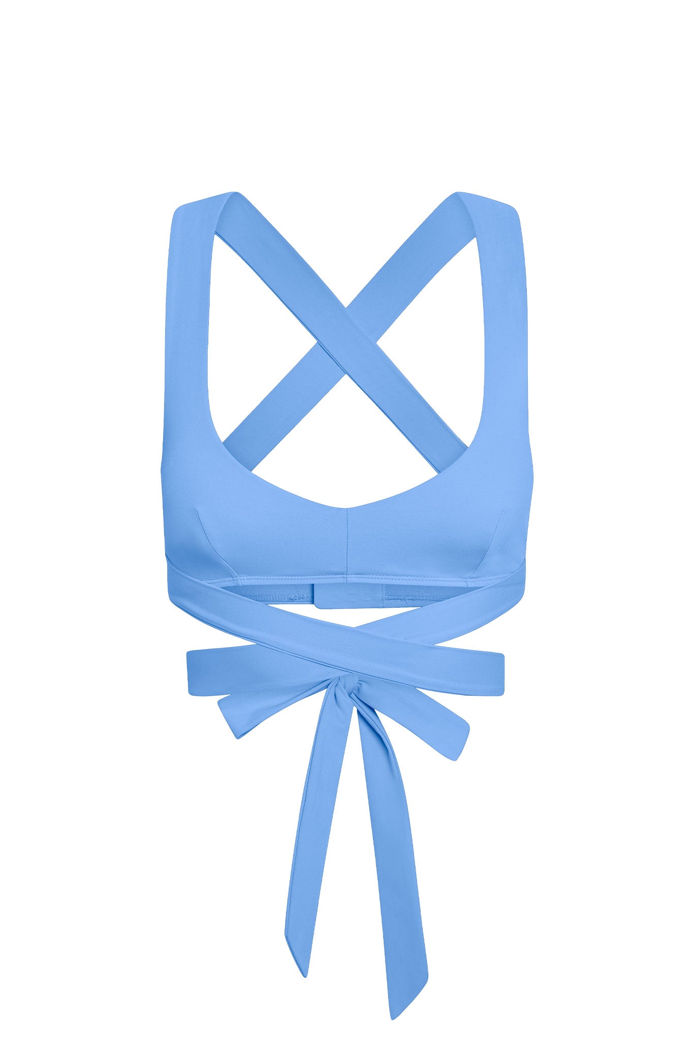 Light blue women's wrap sports bra with crisscross straps and long tie-back bow