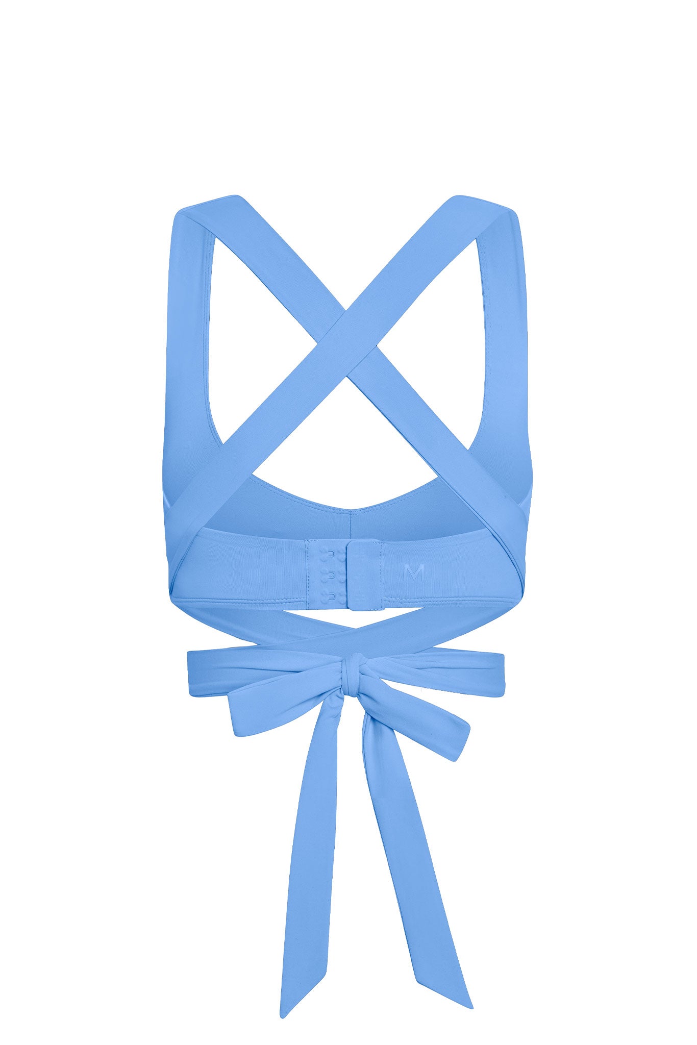 Light blue crisscross-back sports bra with tied bow and hook-and-eye band marked "M"