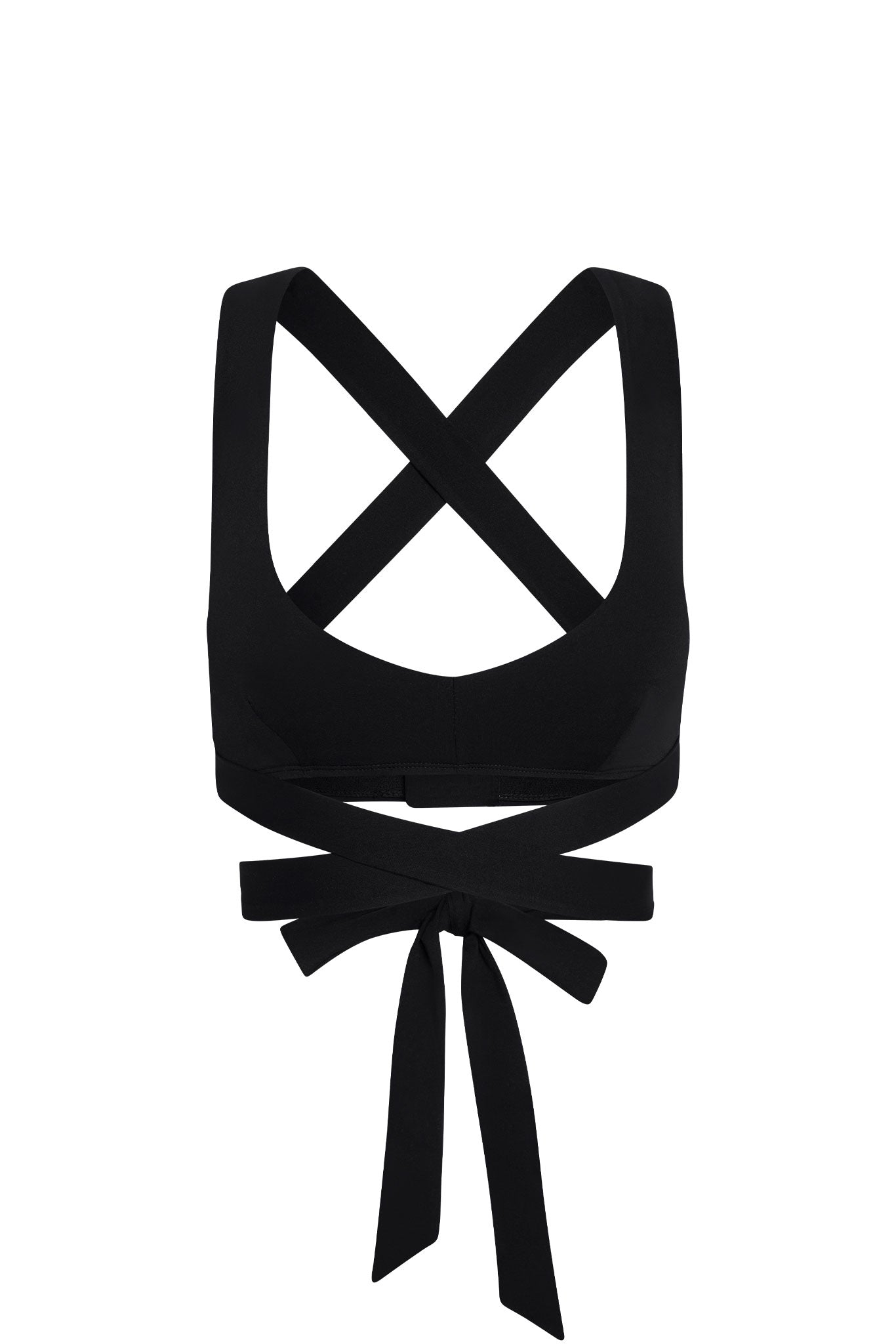 Black wrap crop top with crossed shoulder straps and long tie that wraps into a back bow