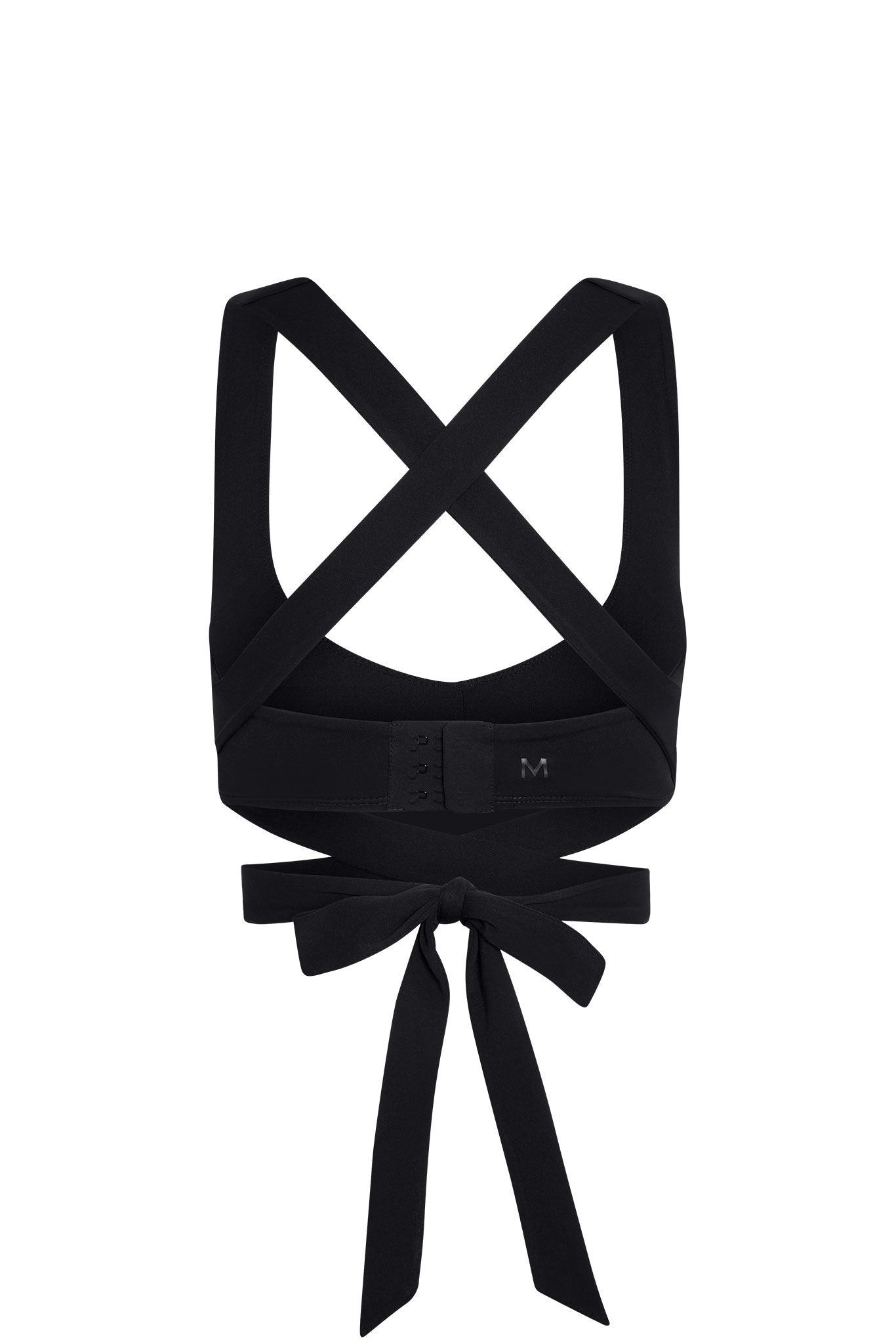 Black crisscross-back support bra with tied bow at the waist; size label 'M' on back band.