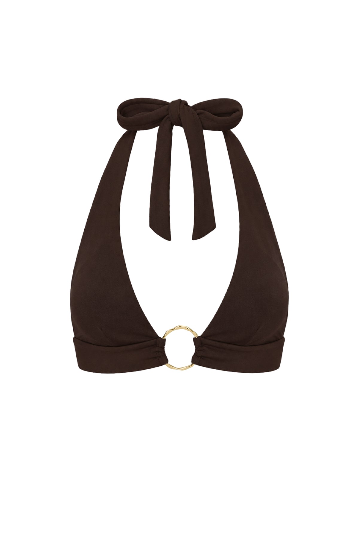 Front view of Ibiza Top - Espresso showcasing adjustable ties and gold center ring on a white background