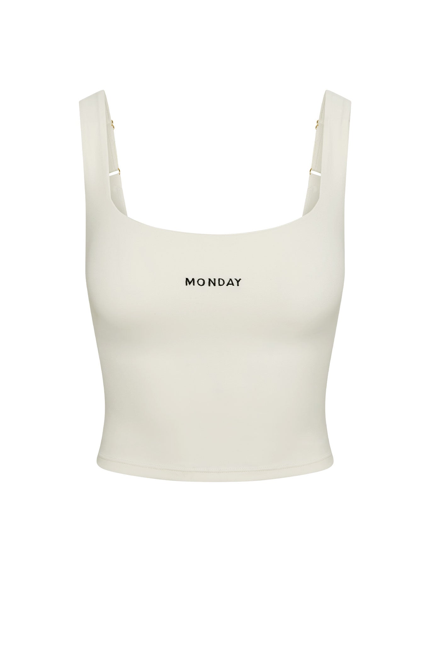 Cream cropped tank top with 'MONDAY' embroidered on front, square neckline and adjustable straps