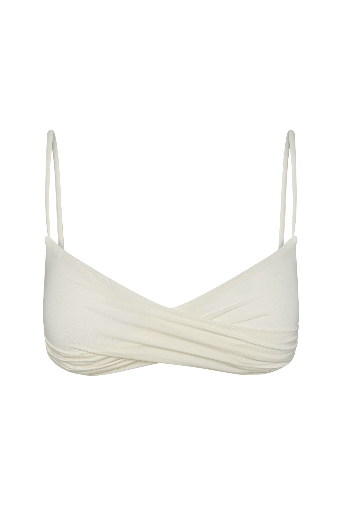 Ivory wrap-front bralette with thin spaghetti straps