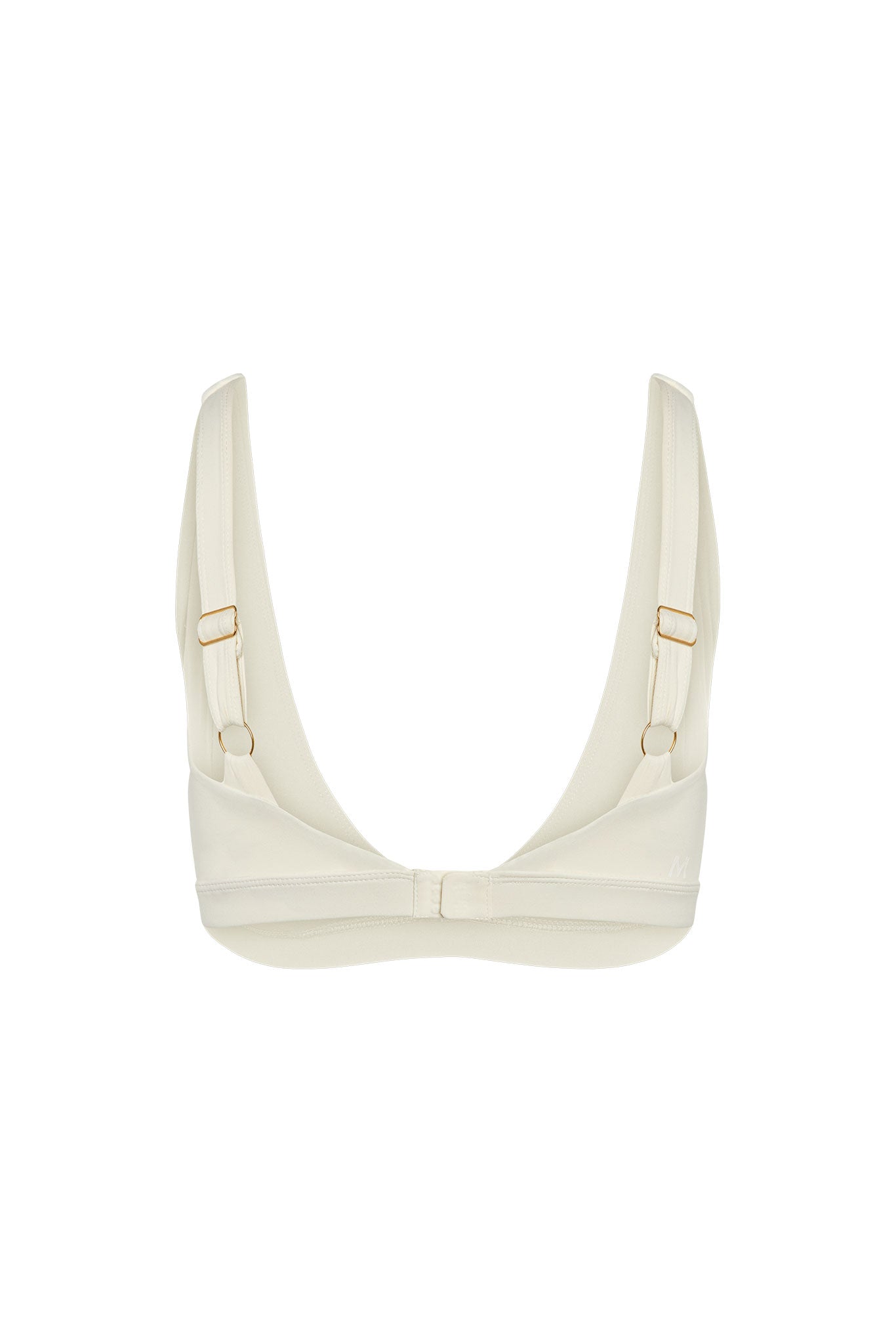 Ivory soft-cup bra with deep V neckline, adjustable straps with gold-tone sliders and small center-back hook closure.