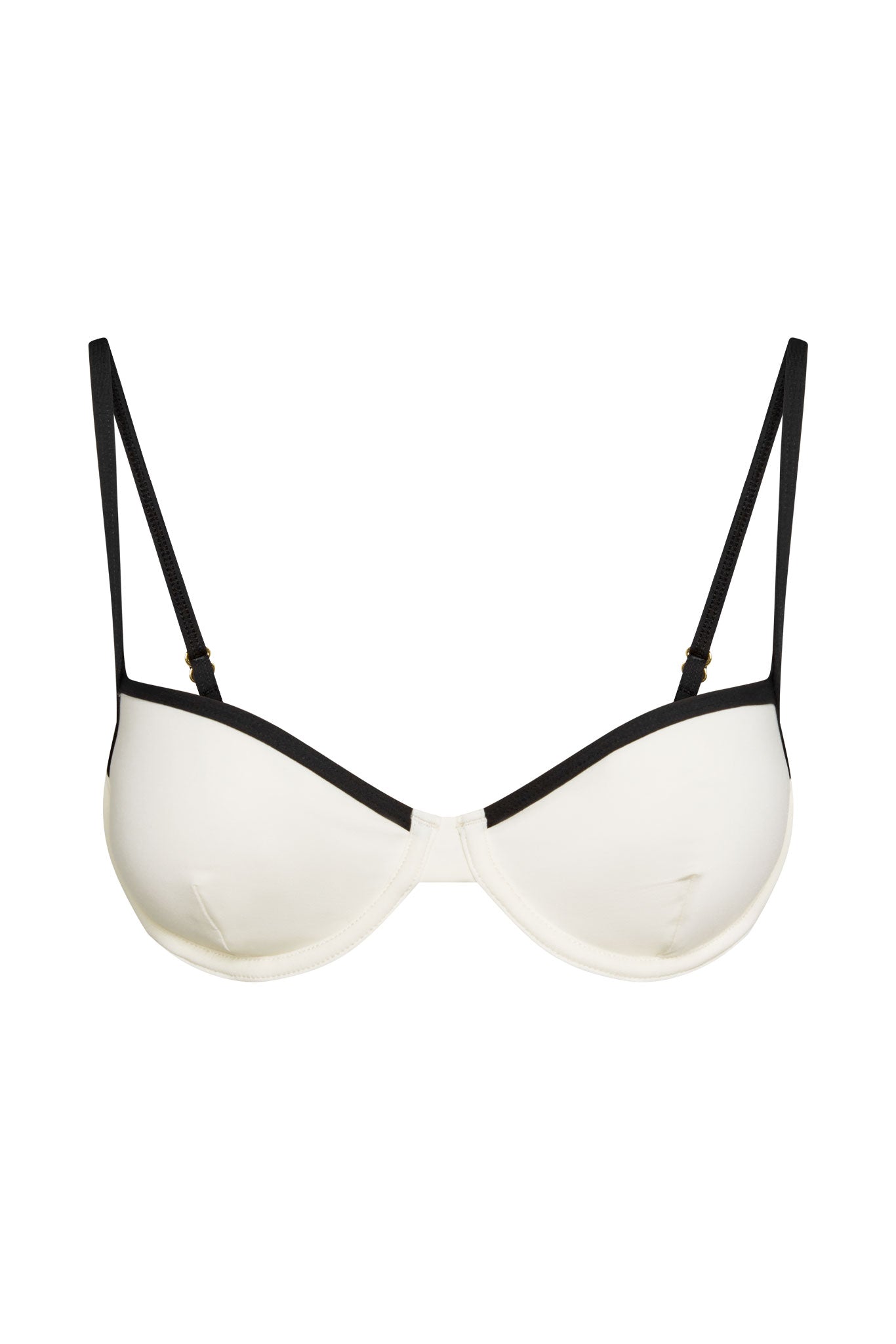 Ivory underwire bra with black trim and adjustable straps, front view