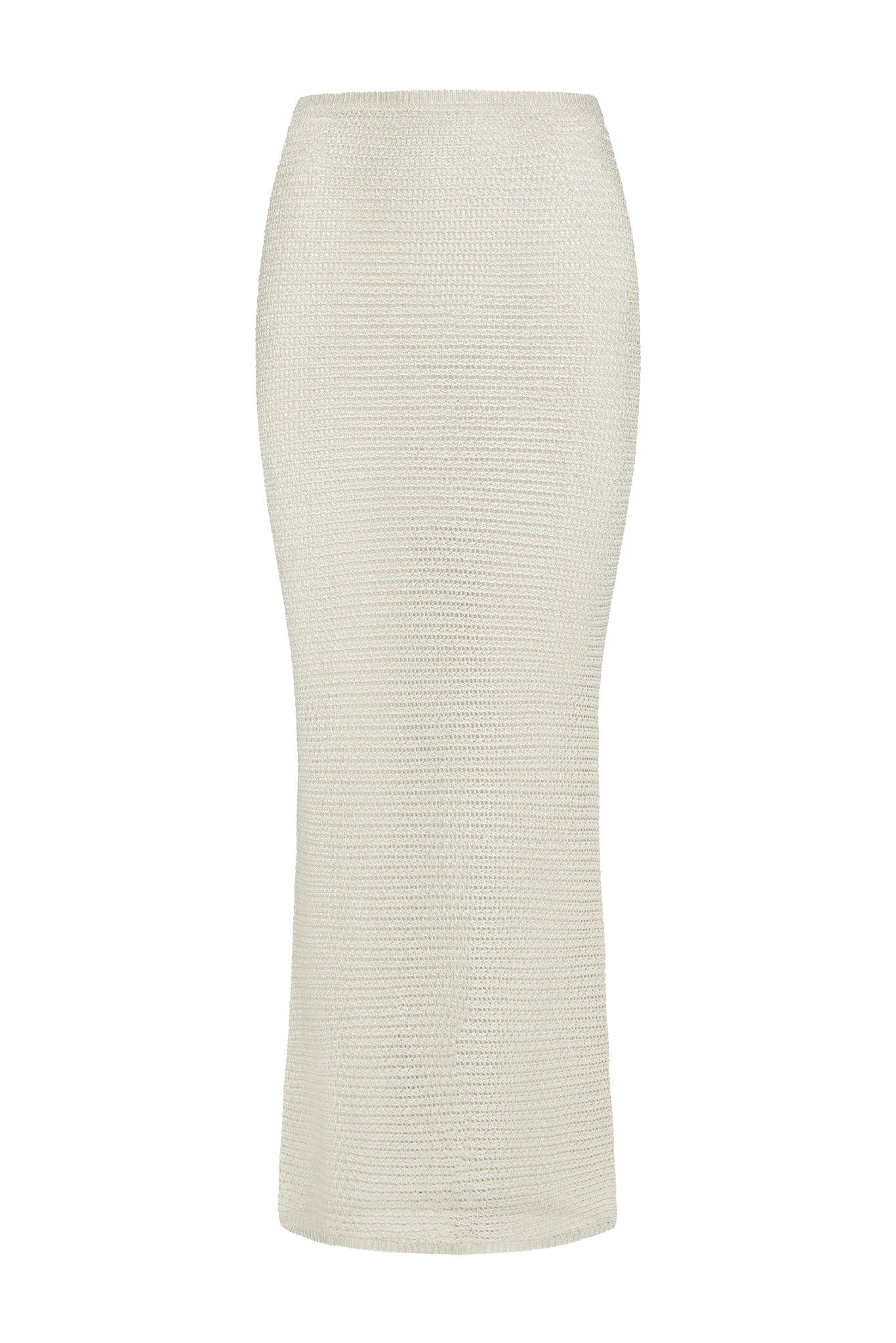 Cream ribbed knit pencil skirt, high waist, long straight silhouette.