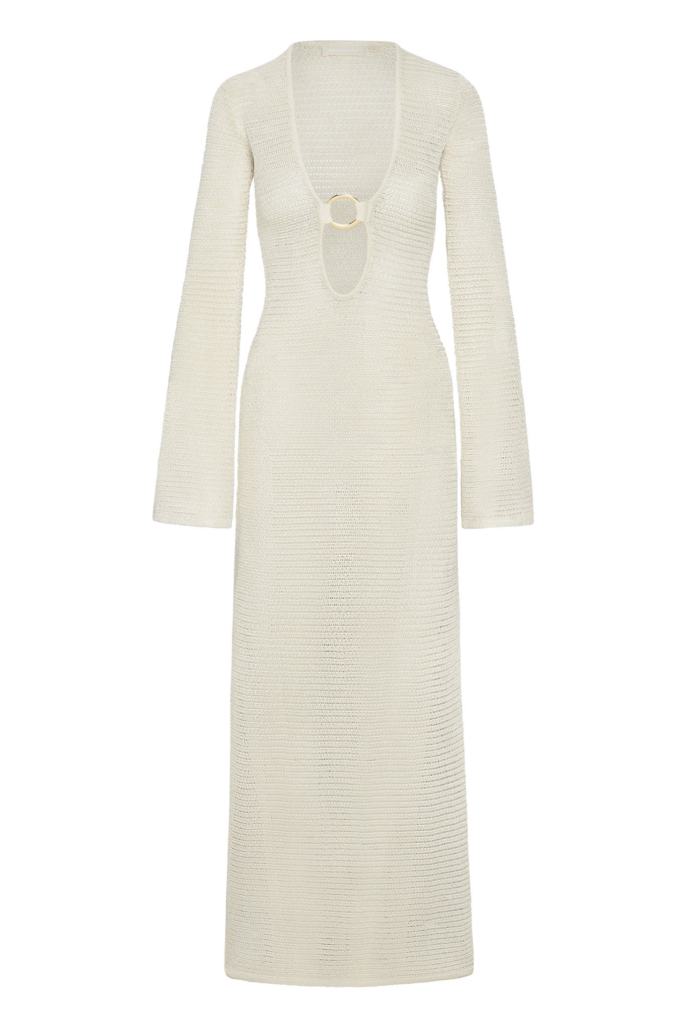 Cream crochet long-sleeve maxi dress with deep V keyhole neckline and decorative gold ring at center front.