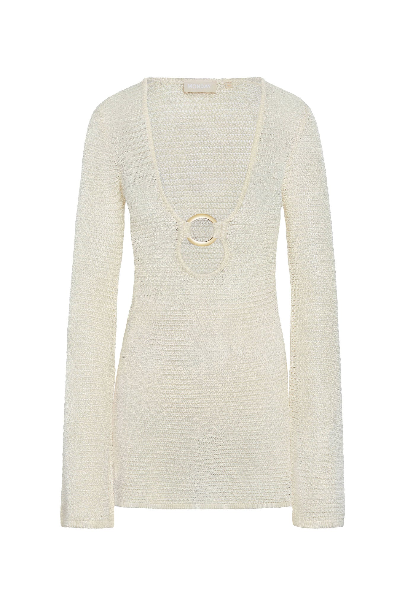 Cream knit long-sleeve sweater with deep V-neck and decorative gold ring at center, label reading MONDAY