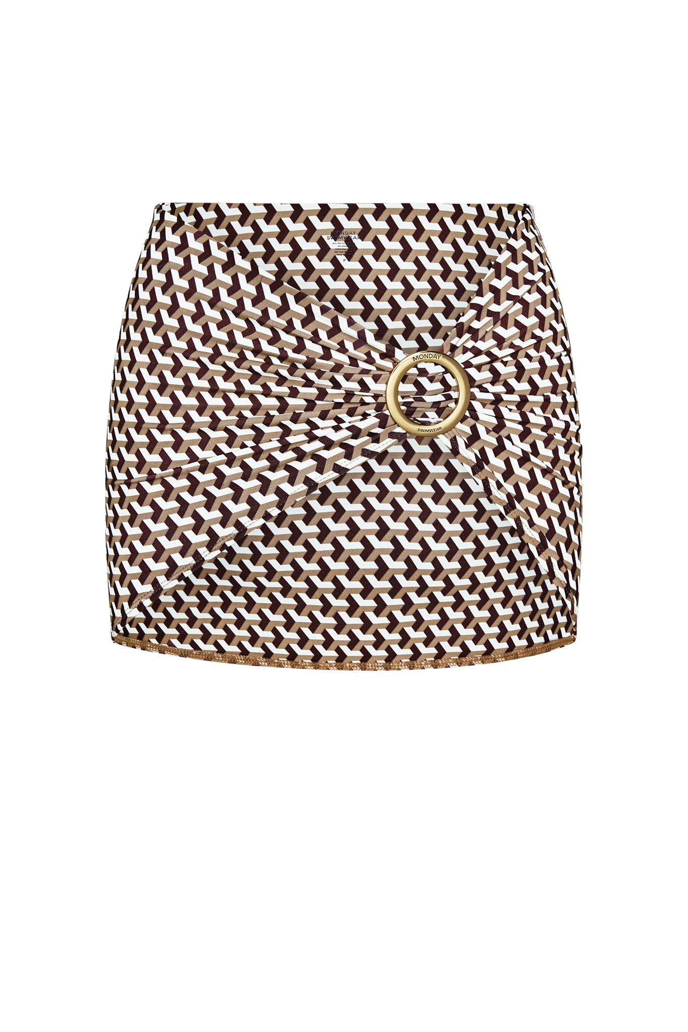 Brown and white geometric-pattern swim skirt, gathered front with gold O-ring engraved MONDAY SWIMWEAR