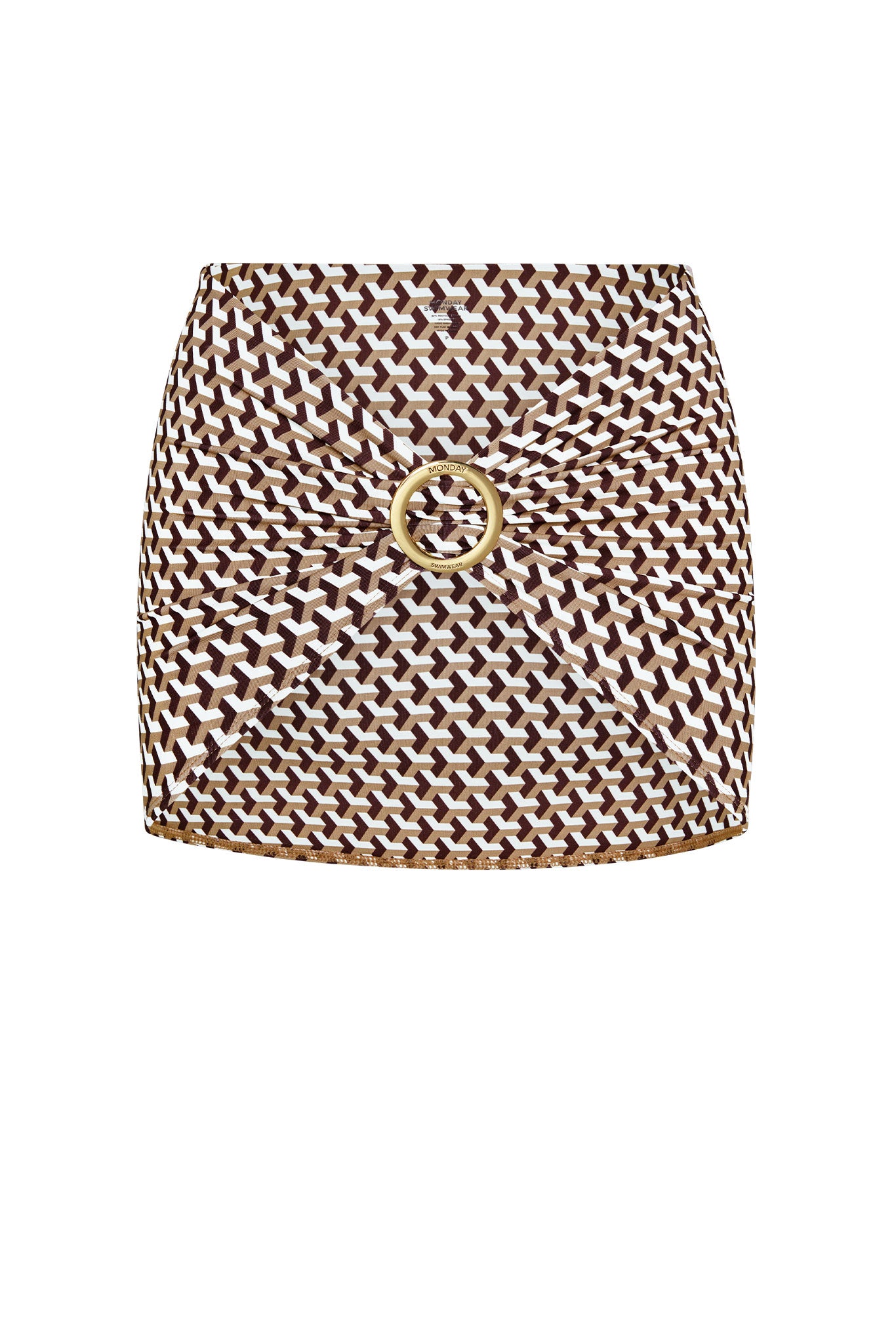 Brown-and-white geometric patterned mini skirt with gold front ring engraved 'MONDAY SWIMWEAR'.