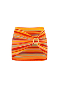 Front view of Jamaica Sarong in Sardinia Stripe showcasing textured striped knit and gold metal sliding buckle on white background