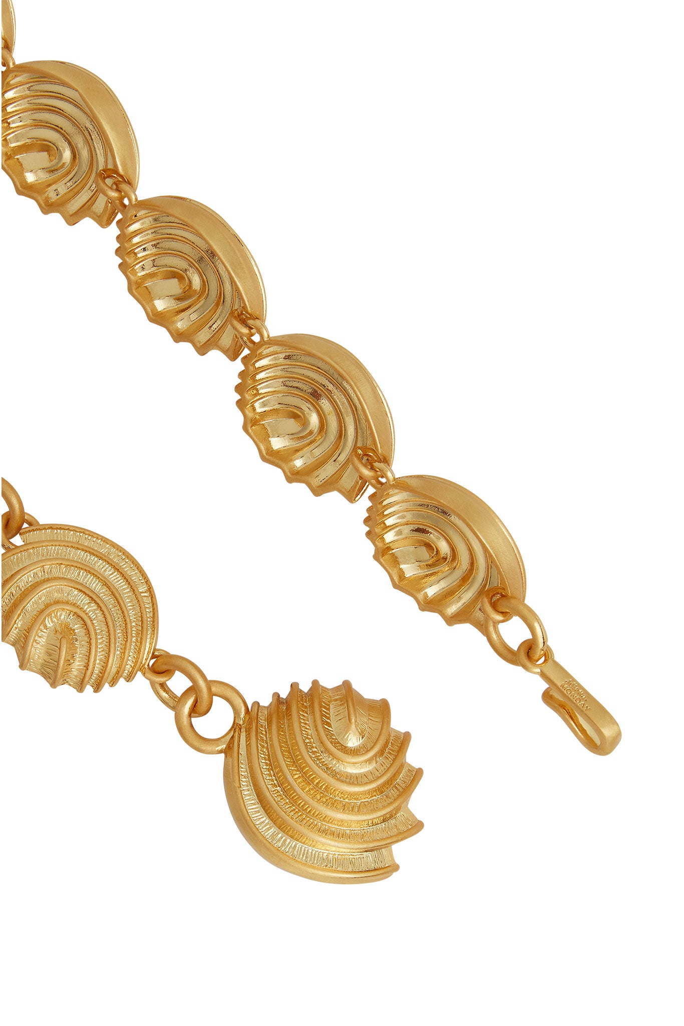 Gold-tone necklace with linked scalloped, fan-shaped textured pendants and a visible lobster clasp.