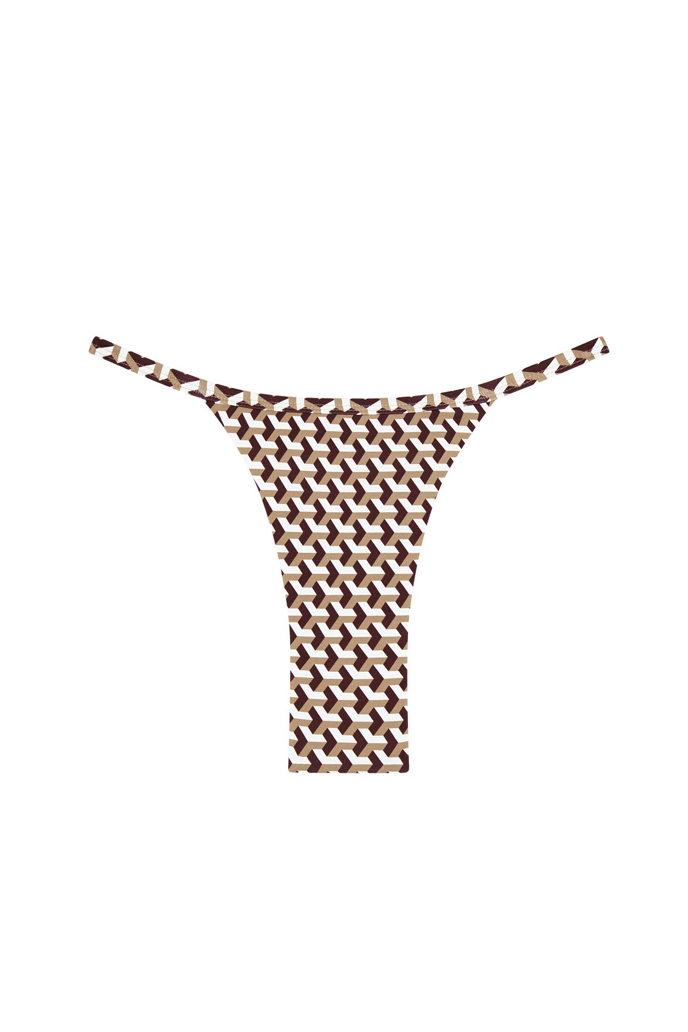 Brown, tan and white geometric-patterned thong bikini bottom on white background.