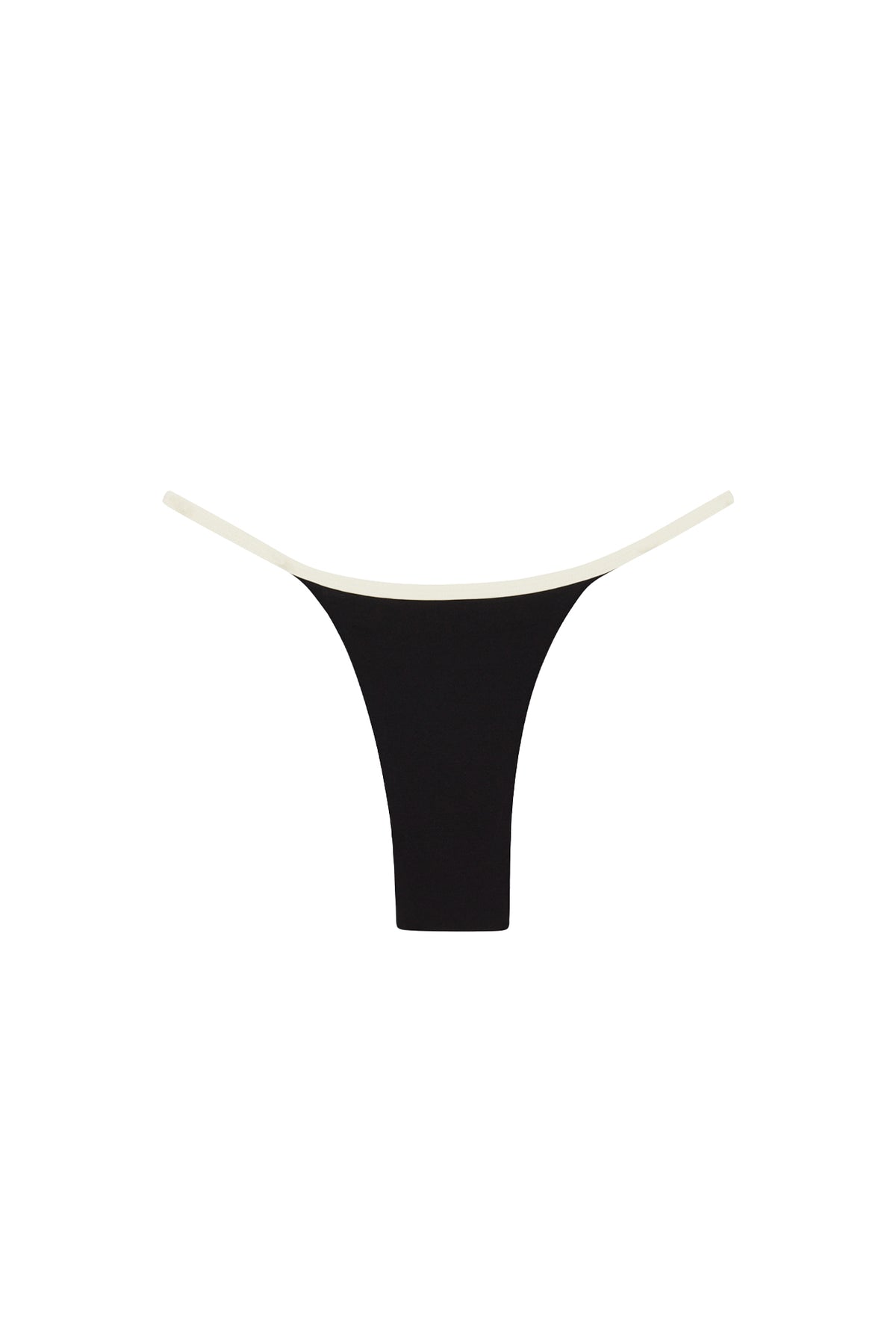 Front view of Kauai Bottom bikini bottom in black with ivory thin straps and high-leg cheeky coverage on white background