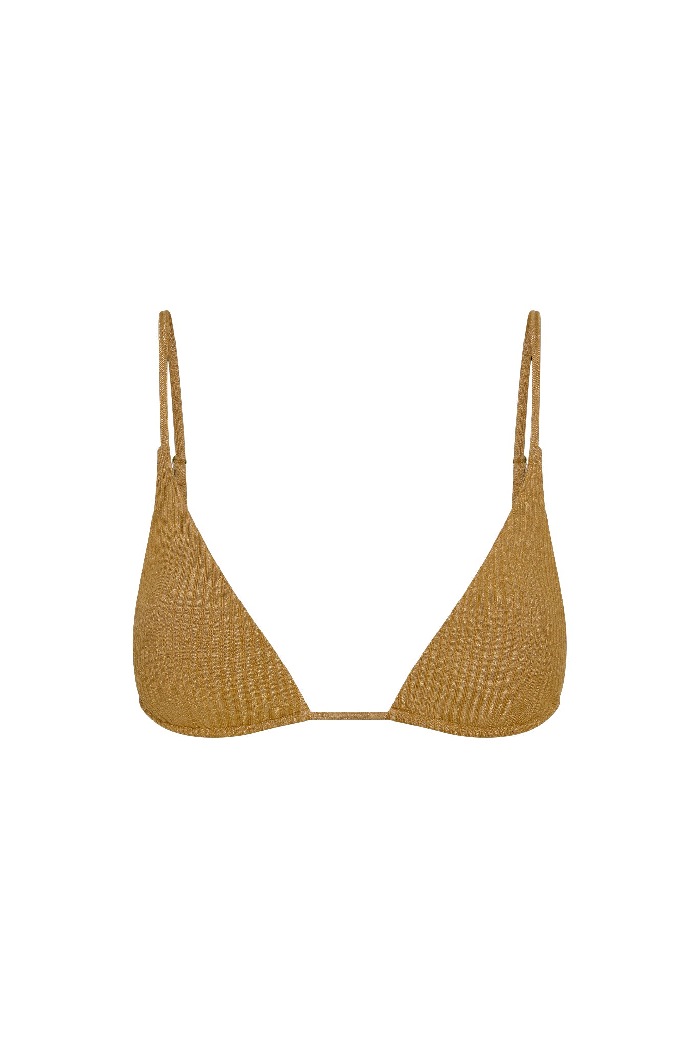 Front view of Kauai Top in antique gold lurex rib showcasing ribbed shimmer fabric and thin adjustable straps on white background