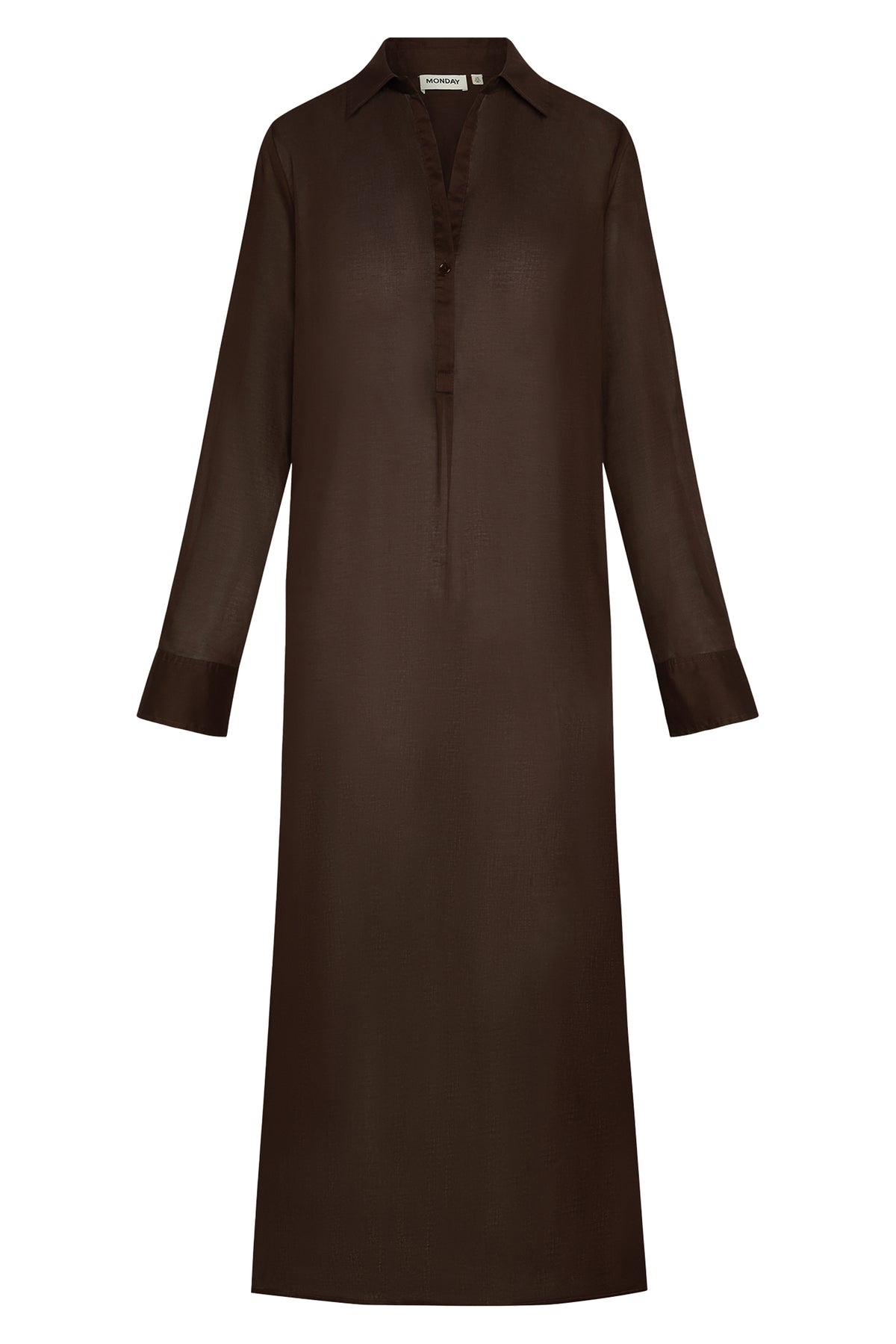Front view of Kokomo Kaftan in espresso showcasing collared neckline, center-front buttons, long sleeves and semi-sheer fabric on white background