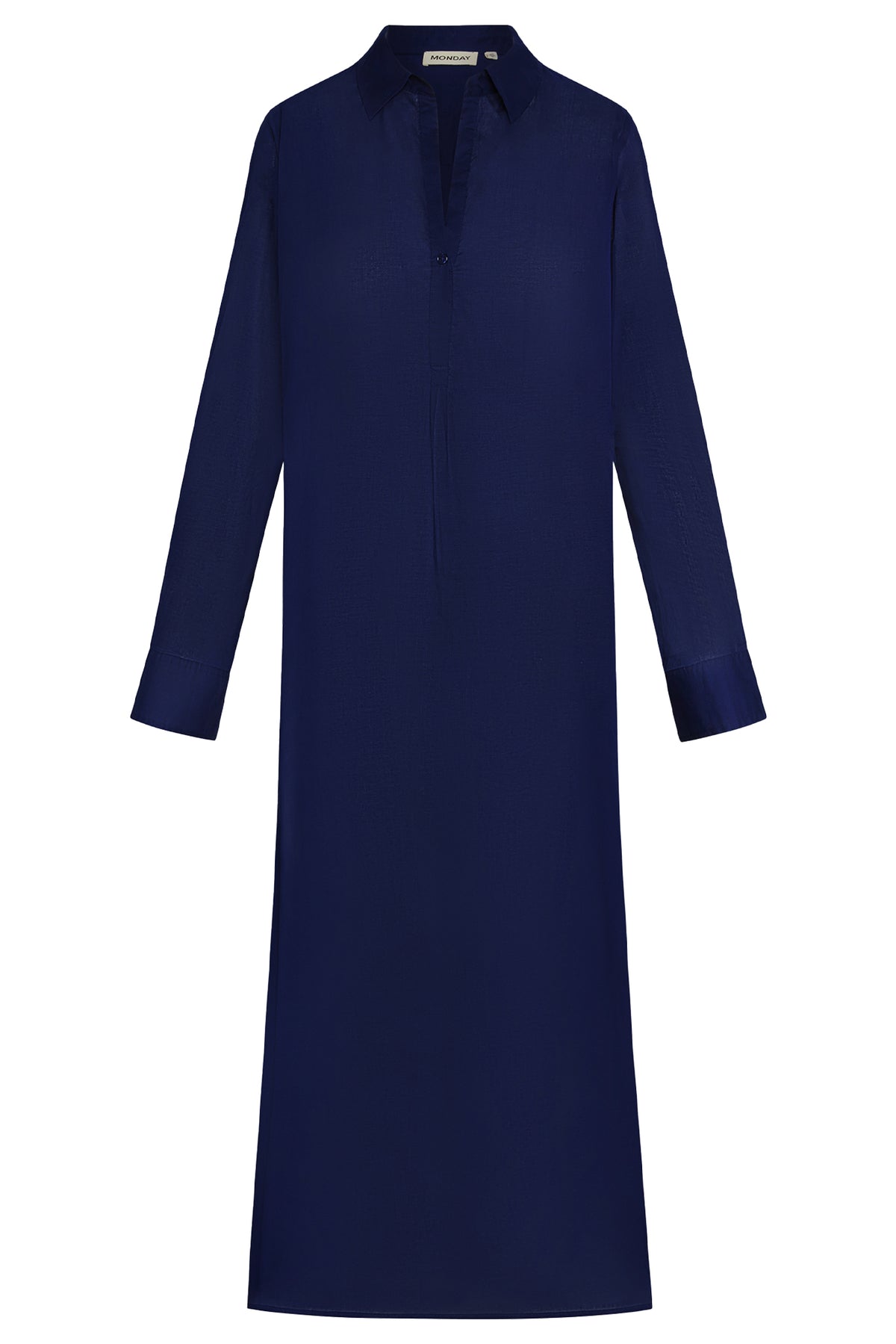 Front view of Kokomo Kaftan in midnight cotton voile showcasing collar, center-front button and long sleeves on white background