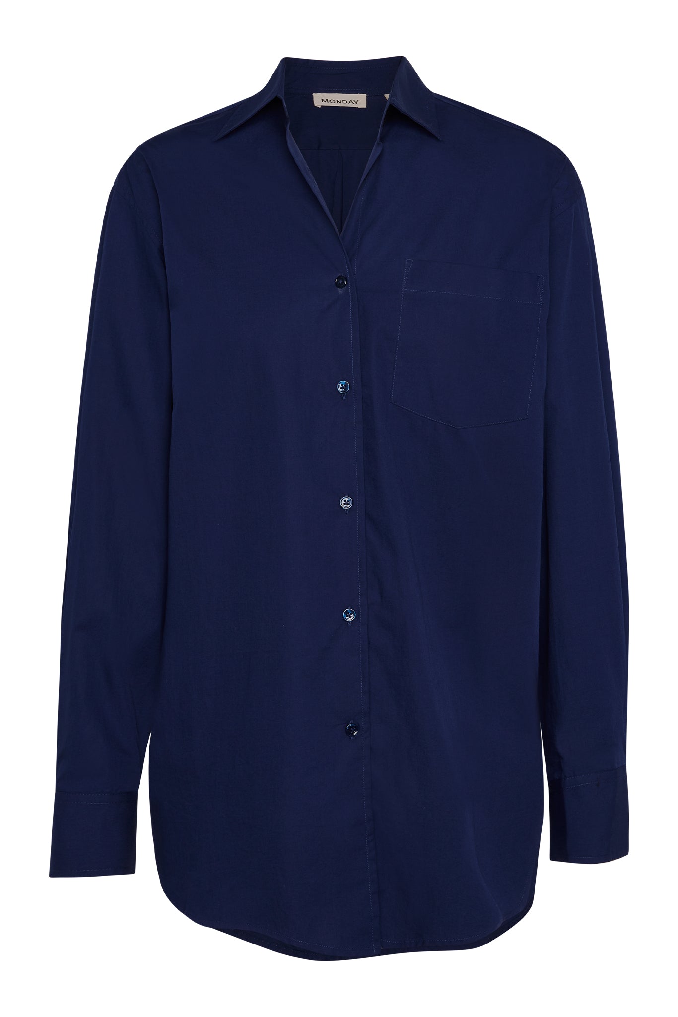 Navy long-sleeve button-down shirt with chest pocket and pointed collar; inside label reads MONDAY.