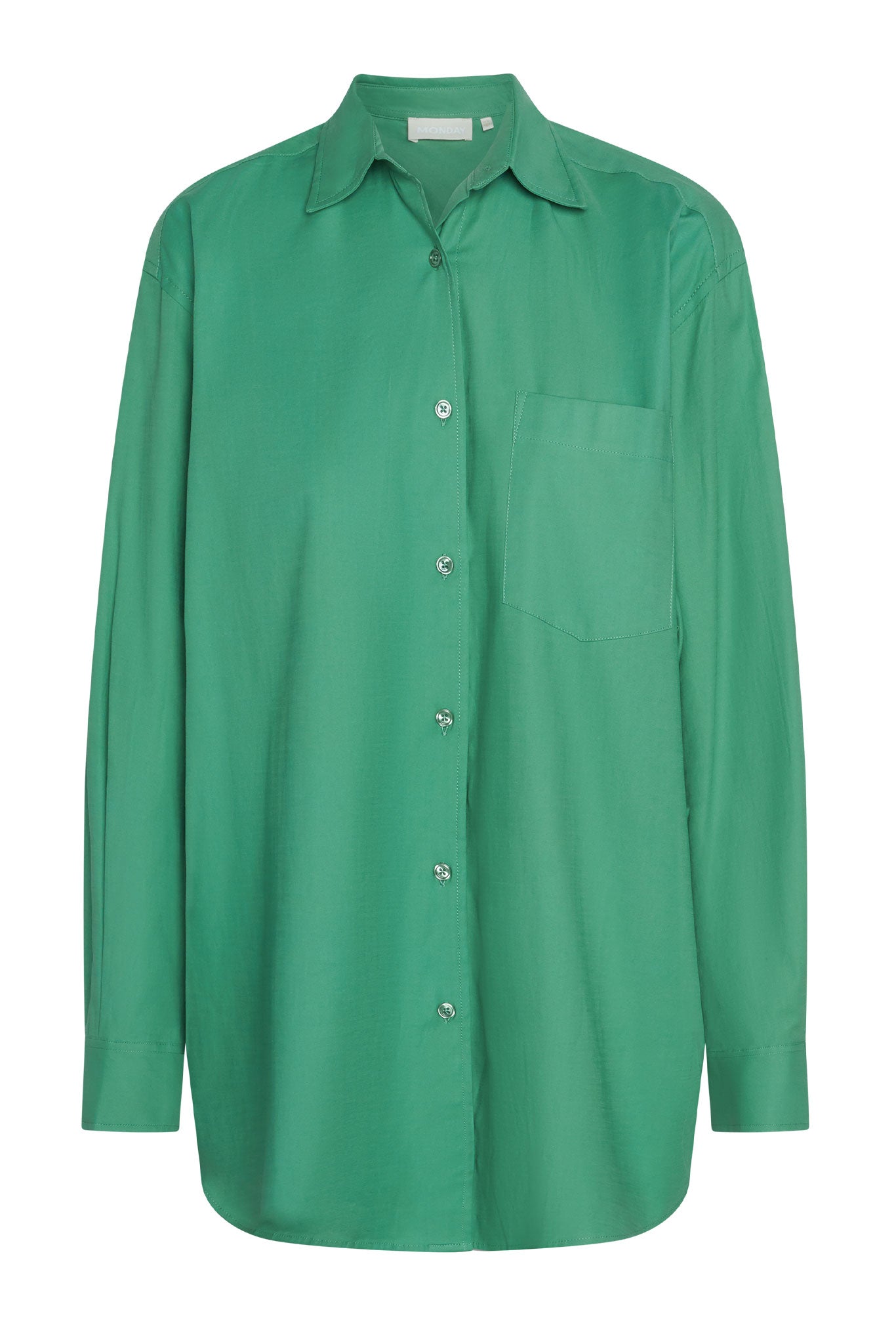 Green long-sleeve button-up shirt with chest pocket, collar label reading "MONDAY".