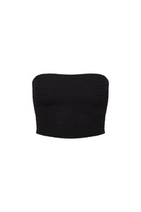 Front view of Laguna Top in black crinkle showcasing strapless tube design on a white background