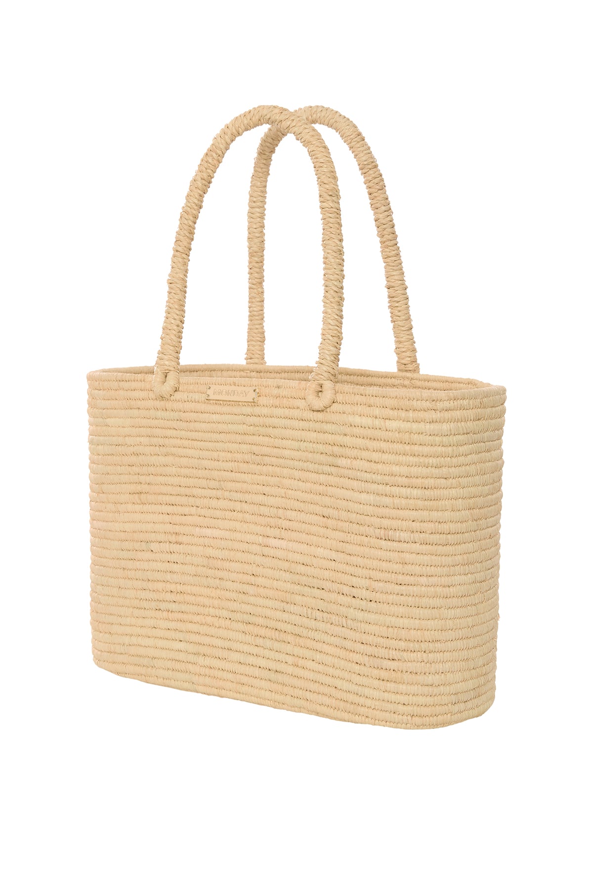 Angled top view of Valencia Bag - Large showcasing woven natural raffia body, braided handles, and gold logo plaque on white background