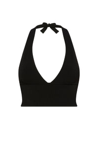 Black ribbed knit halter crop top with deep V front and tie at neck