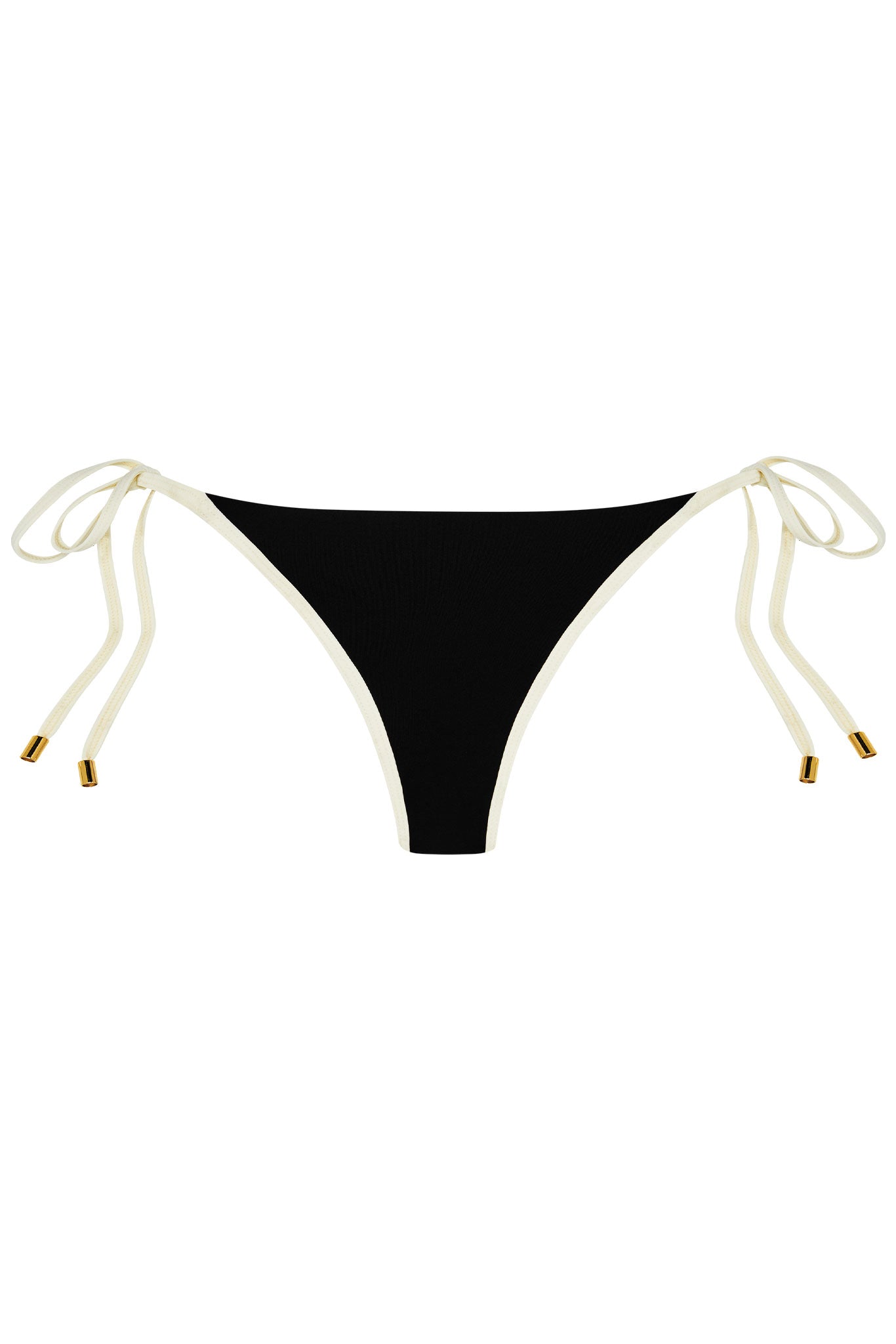 Black bikini bottom with cream trim and side tie strings finished with gold tips.