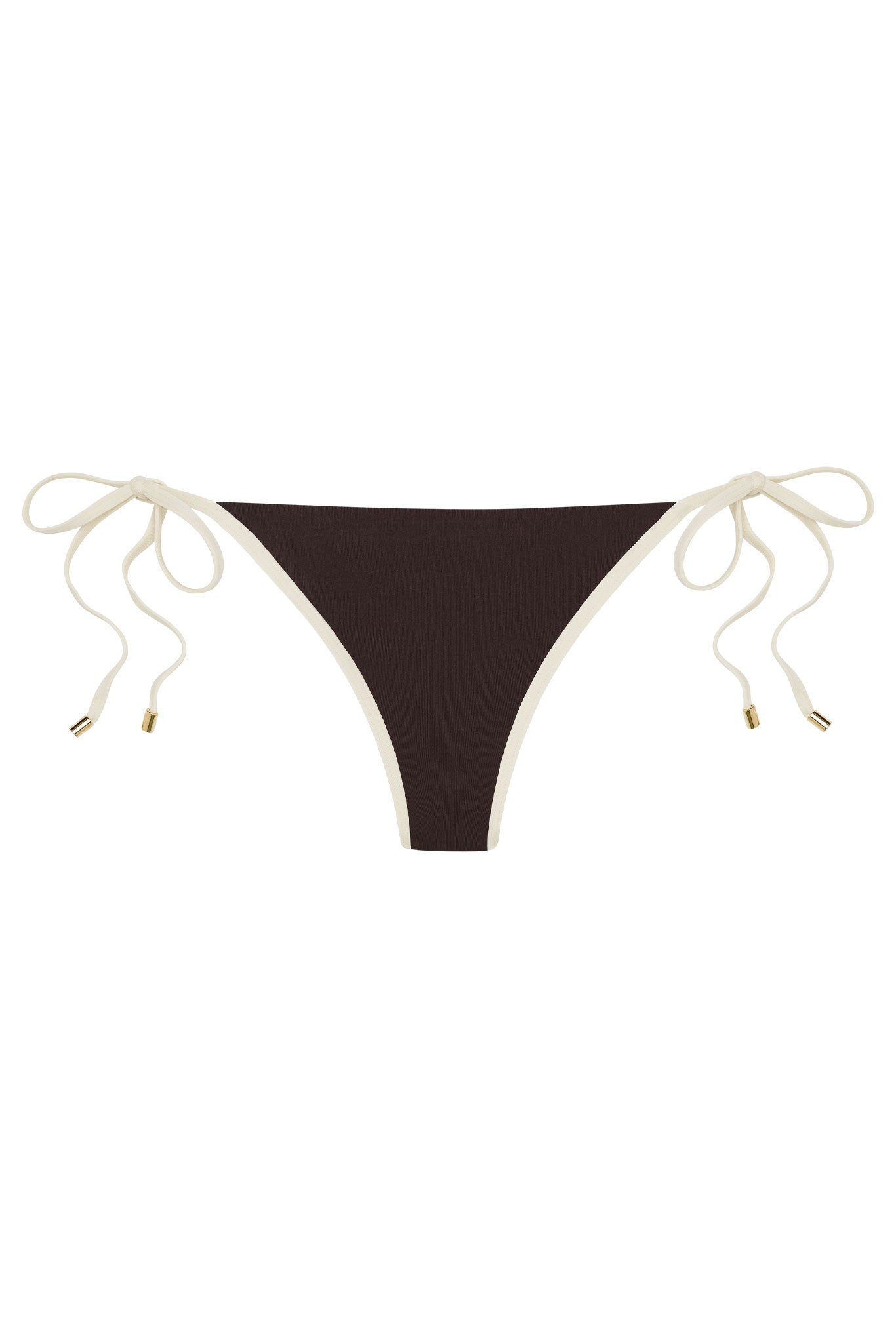 Brown tie-side bikini bottom with cream trim and gold-tipped drawcords