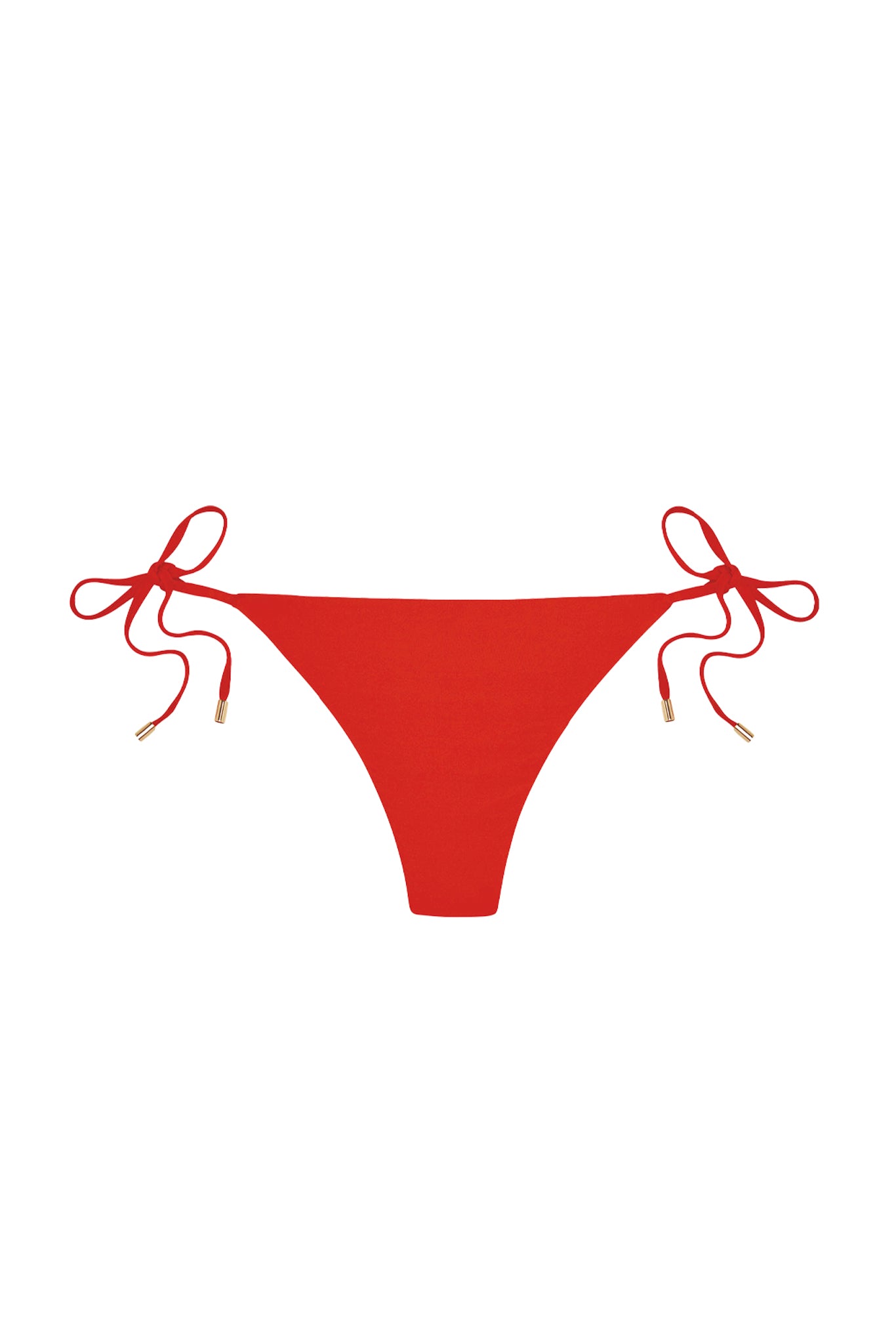 Front view of Le Marais Bottom - Chili Pepper, tie-side bikini bottom with gold-tipped cords on white background