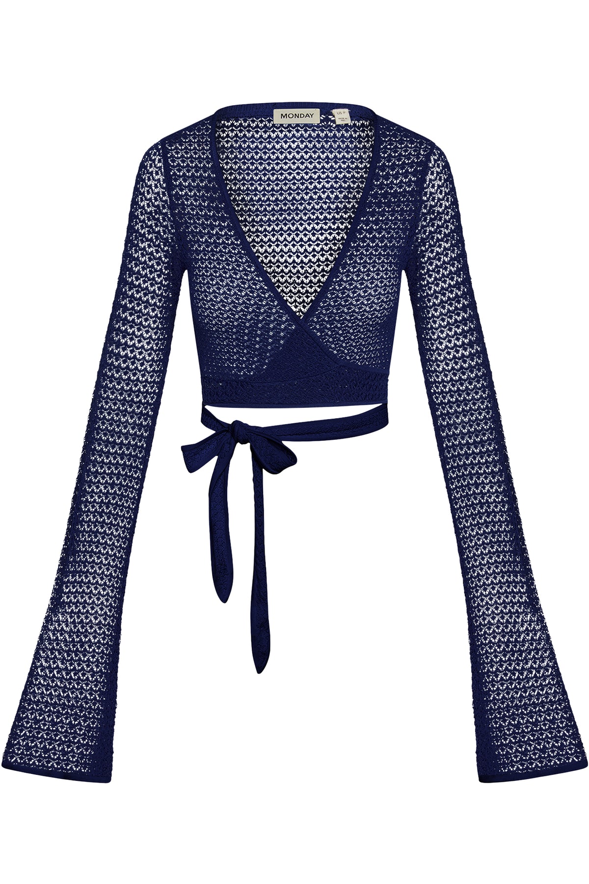 Front view of Madrid Wrap Top in midnight lace crochet with long sleeves, V neckline and wrap tie closure on white background