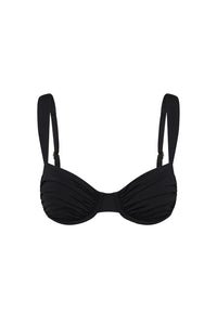 Front view of Malibu Top in black showcasing shirred underwire cups and adjustable shoulder straps against a white background