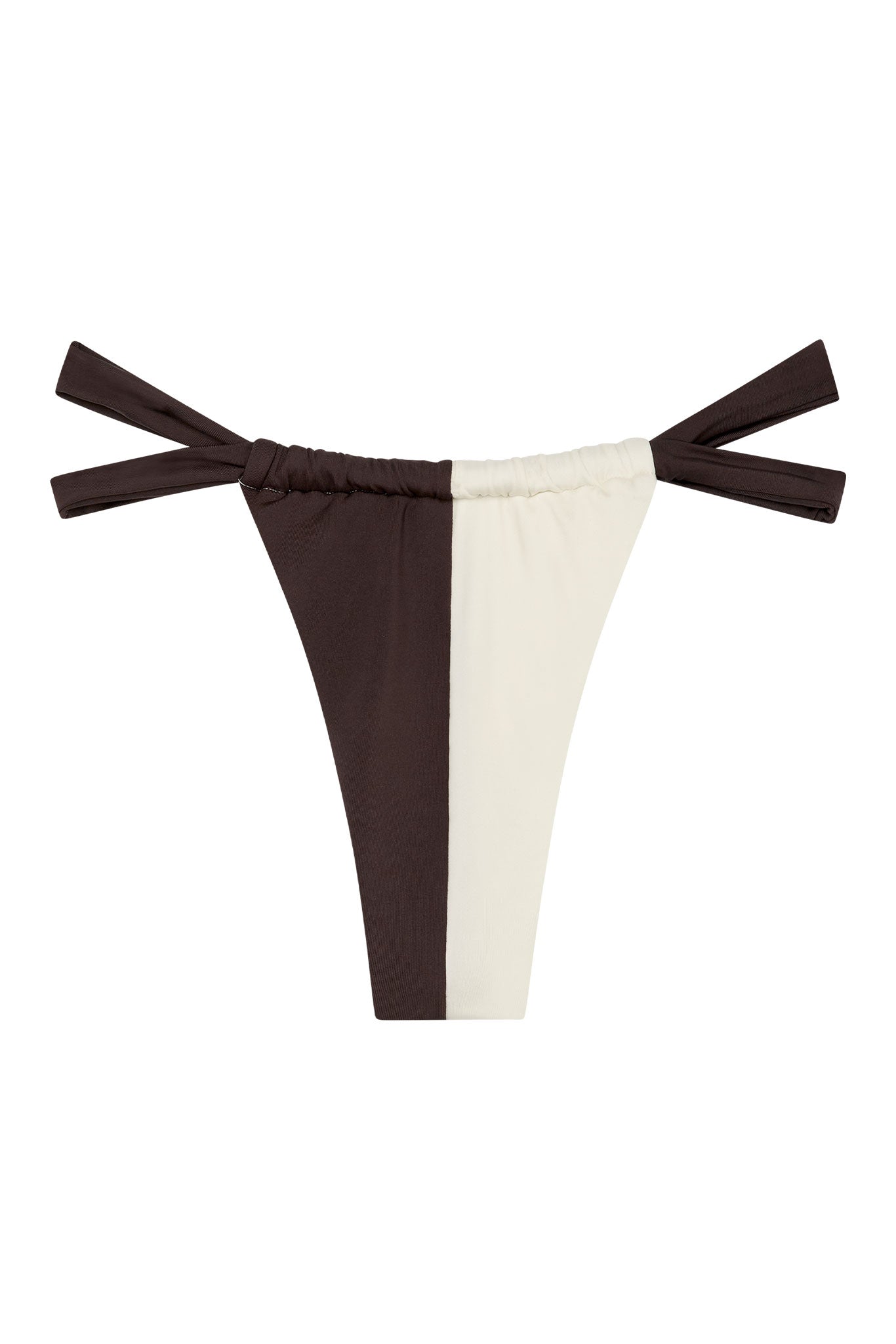 Two-tone brown and cream high-cut tie-side bikini bottom with vertical color split and ruched waistband