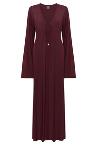 Front view of Marabella Kaftan showcasing a deep burgundy tie-front neckline and long sleeves with a white background