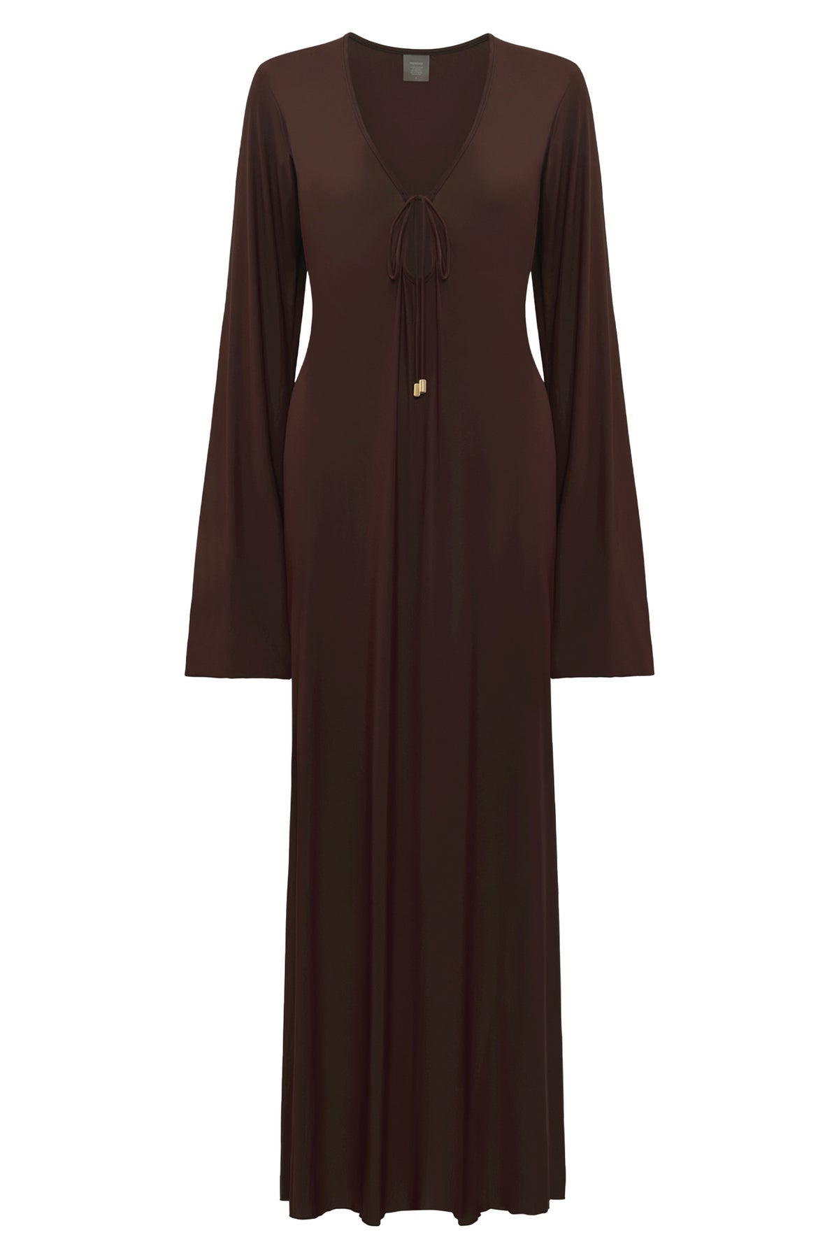 Front view of Marabella Kaftan in Espresso Tissue Jersey with deep V-neck, front ties and long sleeves