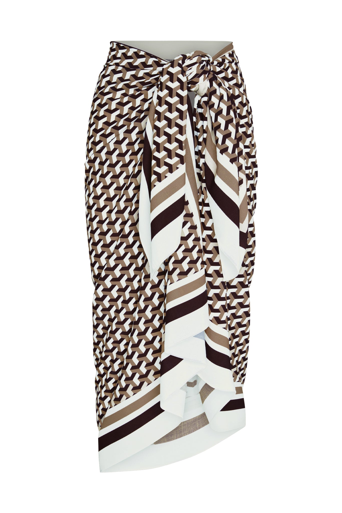 Front of Marina Piccola Sarong in Husk Geo showing brown-and-ivory geometric print, hip tie and side slit on white background