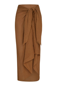 Front view of St. Tropez sarong in caramel crinkle linen showcasing tied knot waist and cascading drape on white background